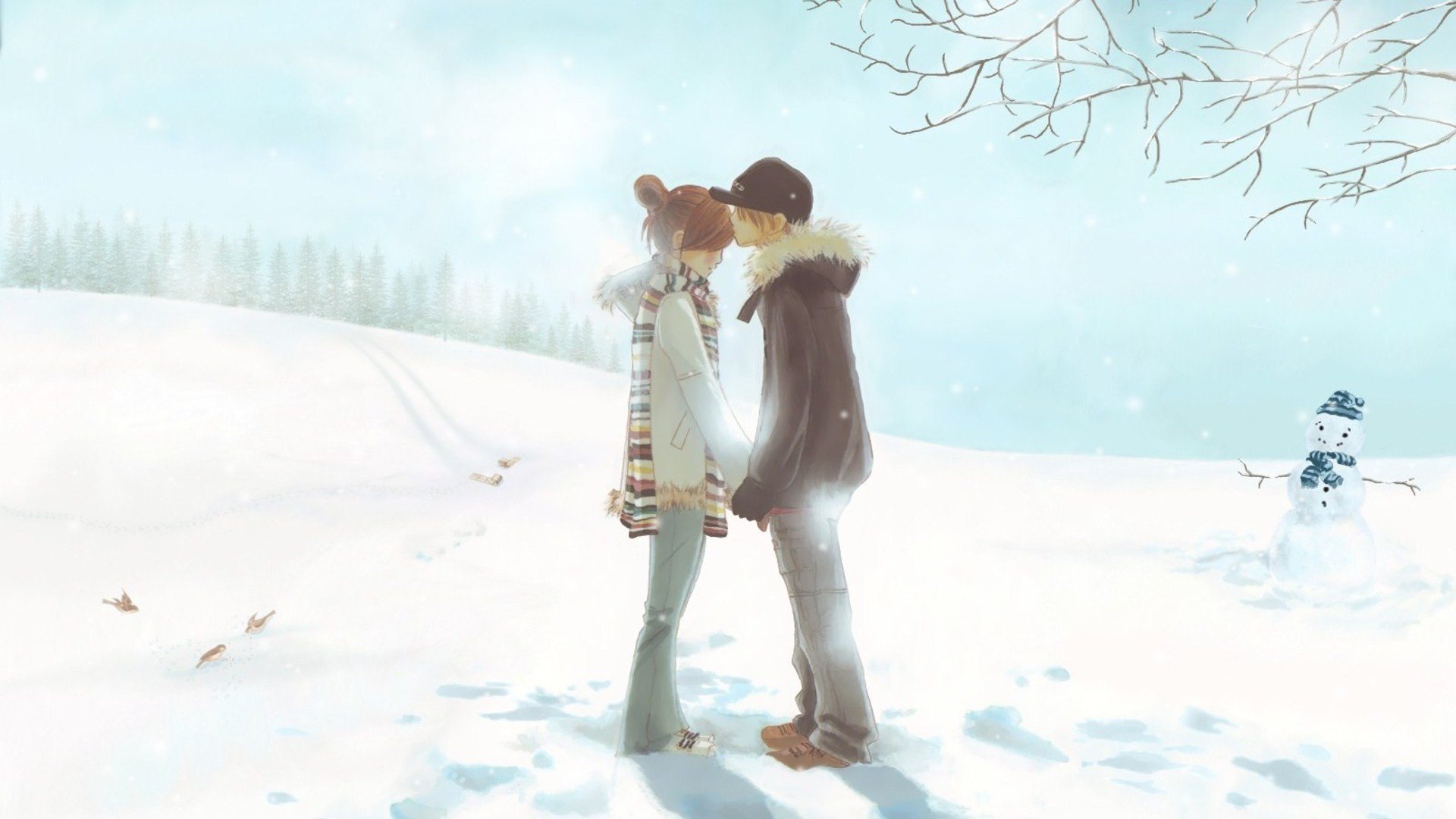 Влюбленные подростки на снежном поле