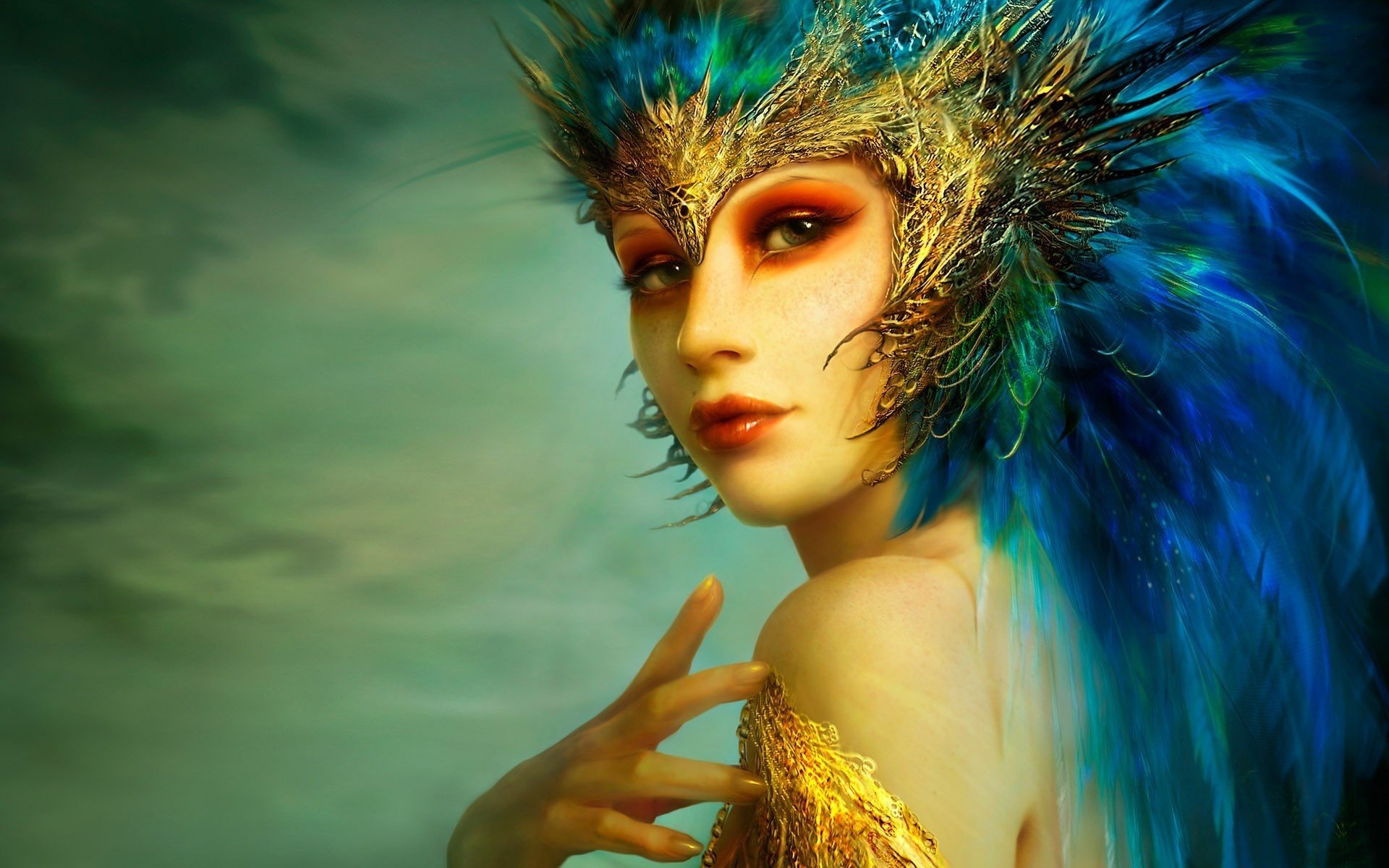 Портрет девушки с синими перьями на голове