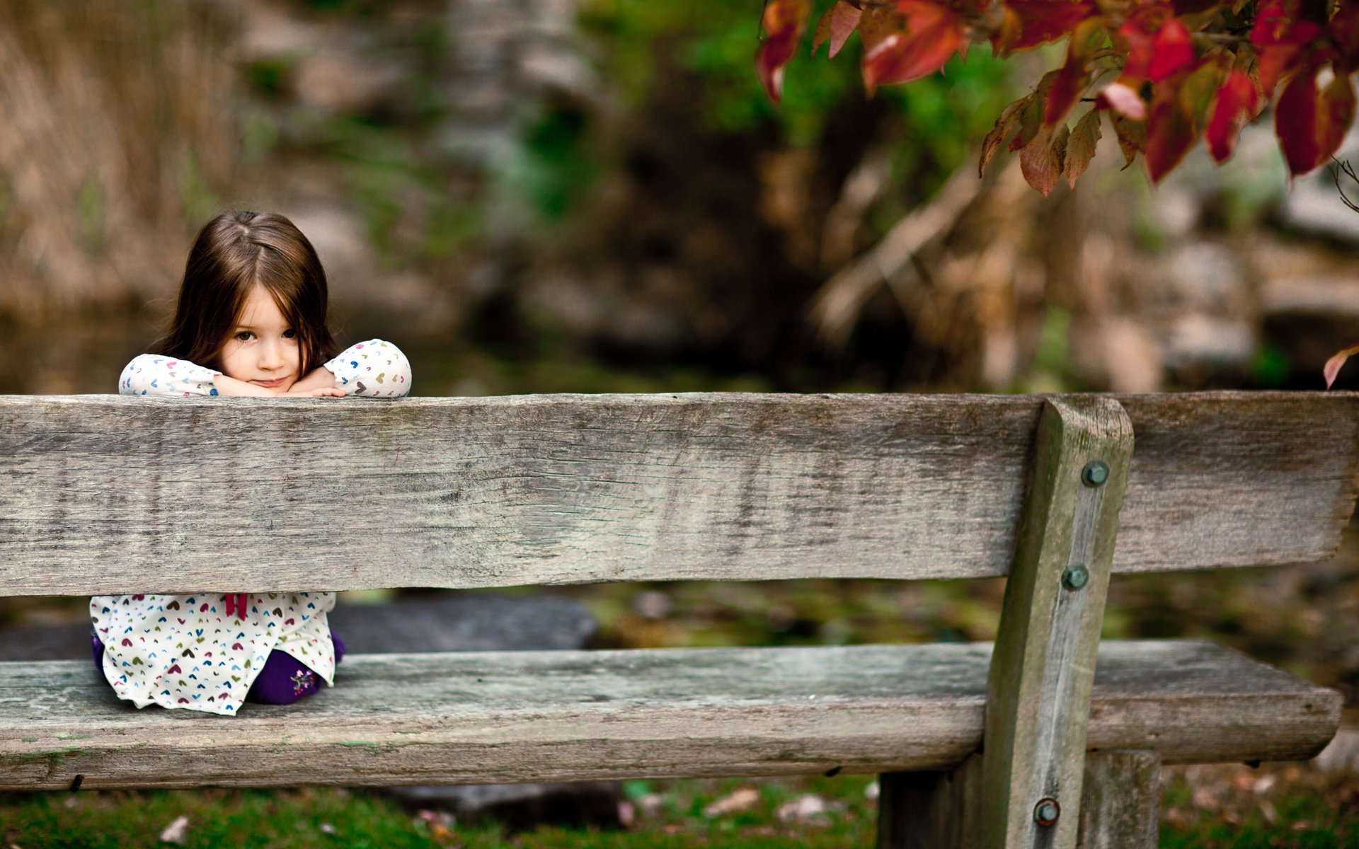 Девочка на скамейке по осенним деревом