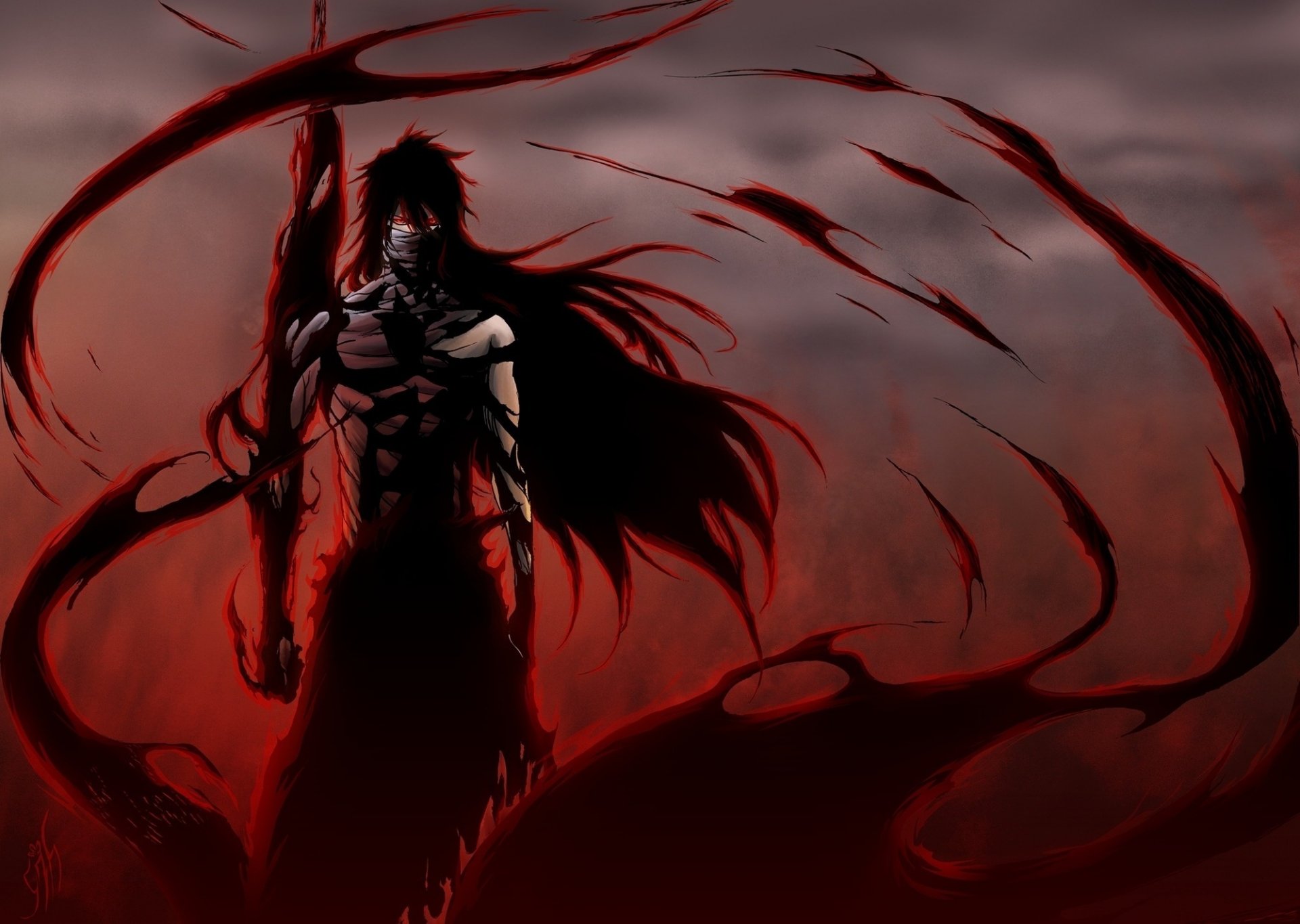 Аниме рисунок устрашающего силуэта на черно красном фоне