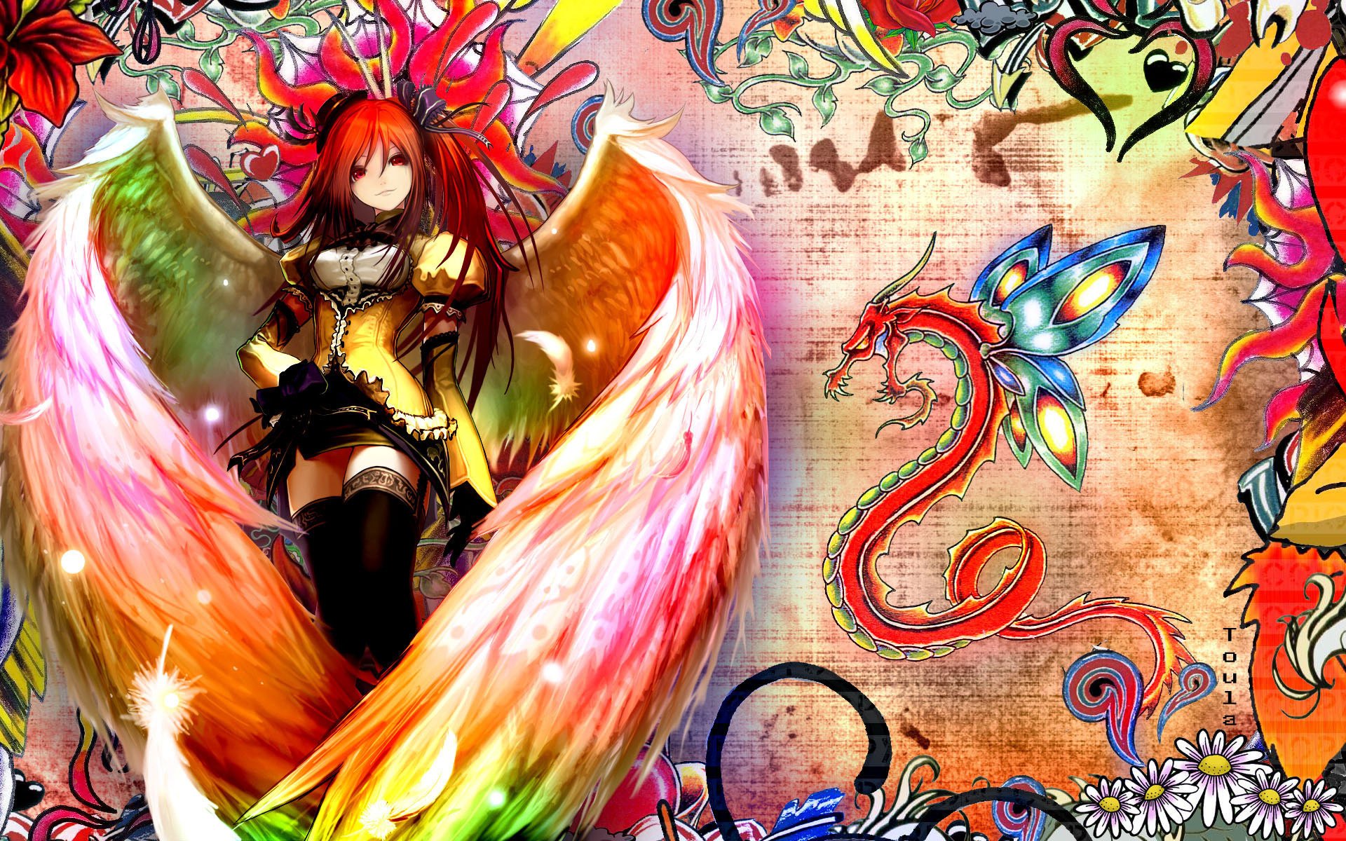 Аниме ангел девушка на ярком фоне с драконом и бабочкой