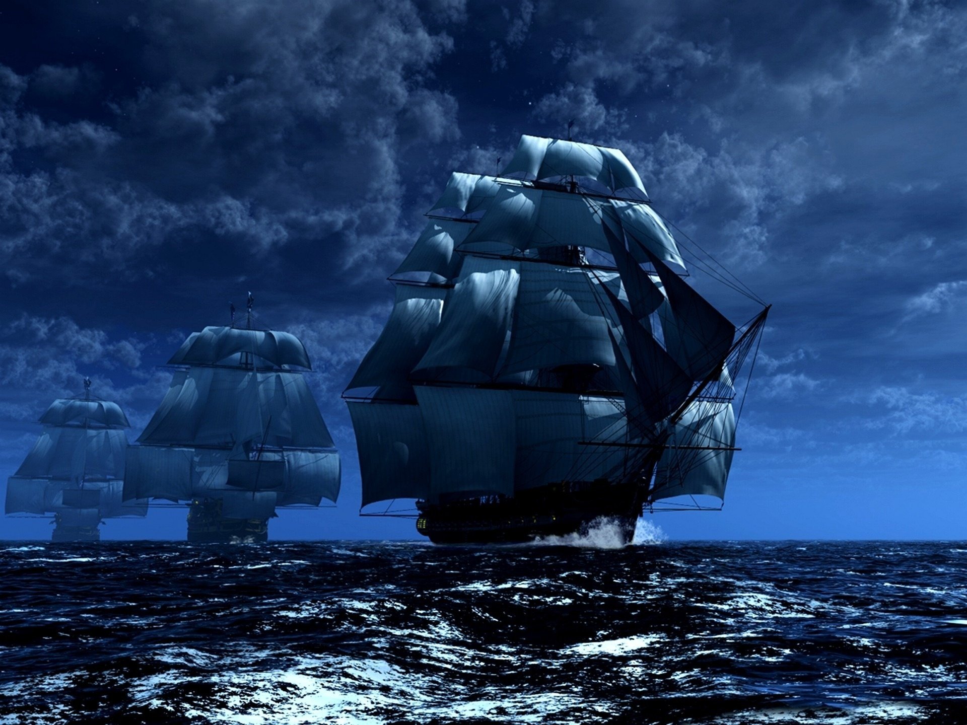 Строй кораблей в ночном море. Синие волны и облака