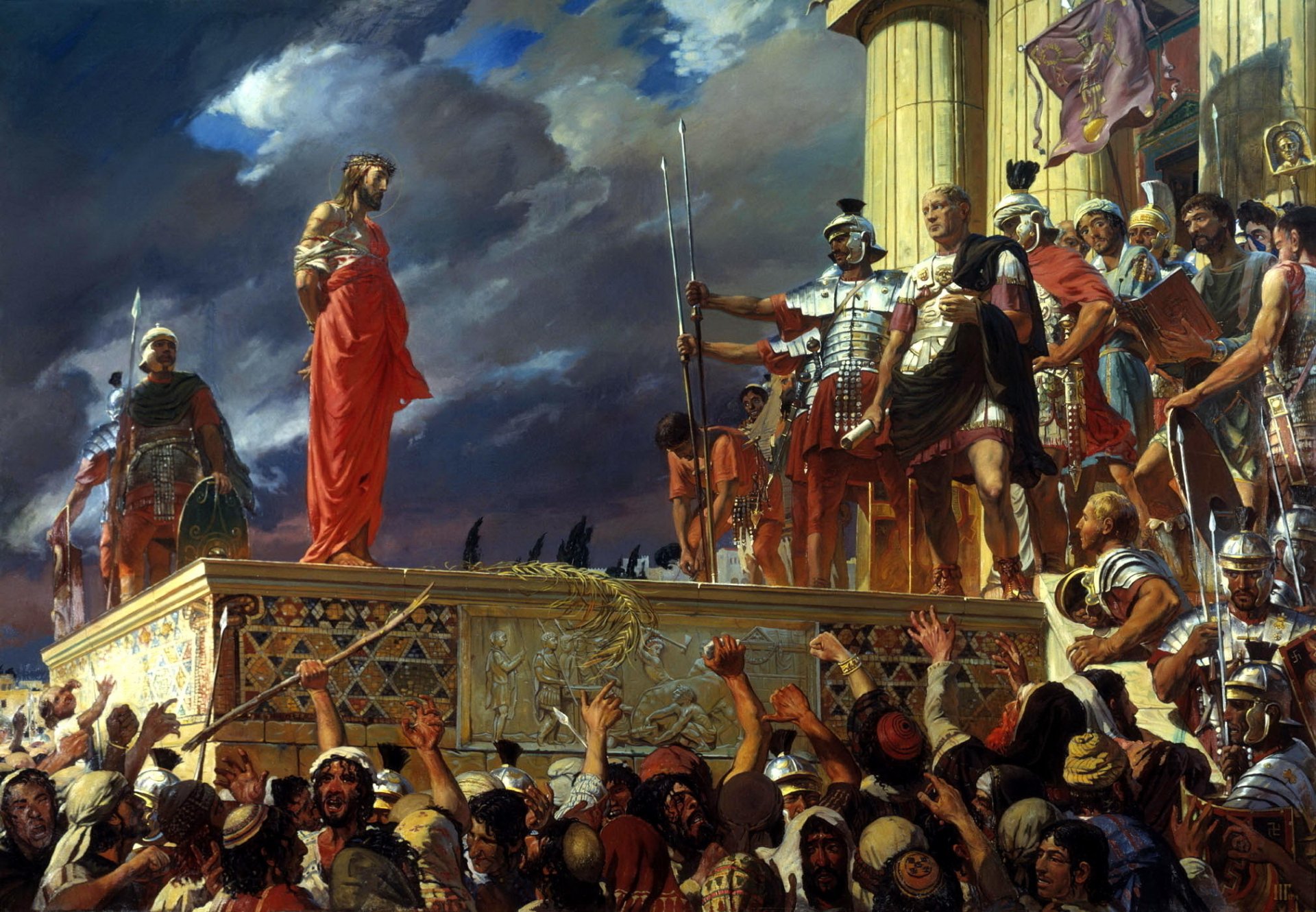 Иисус Христос в красном плаще на толпой в Риме