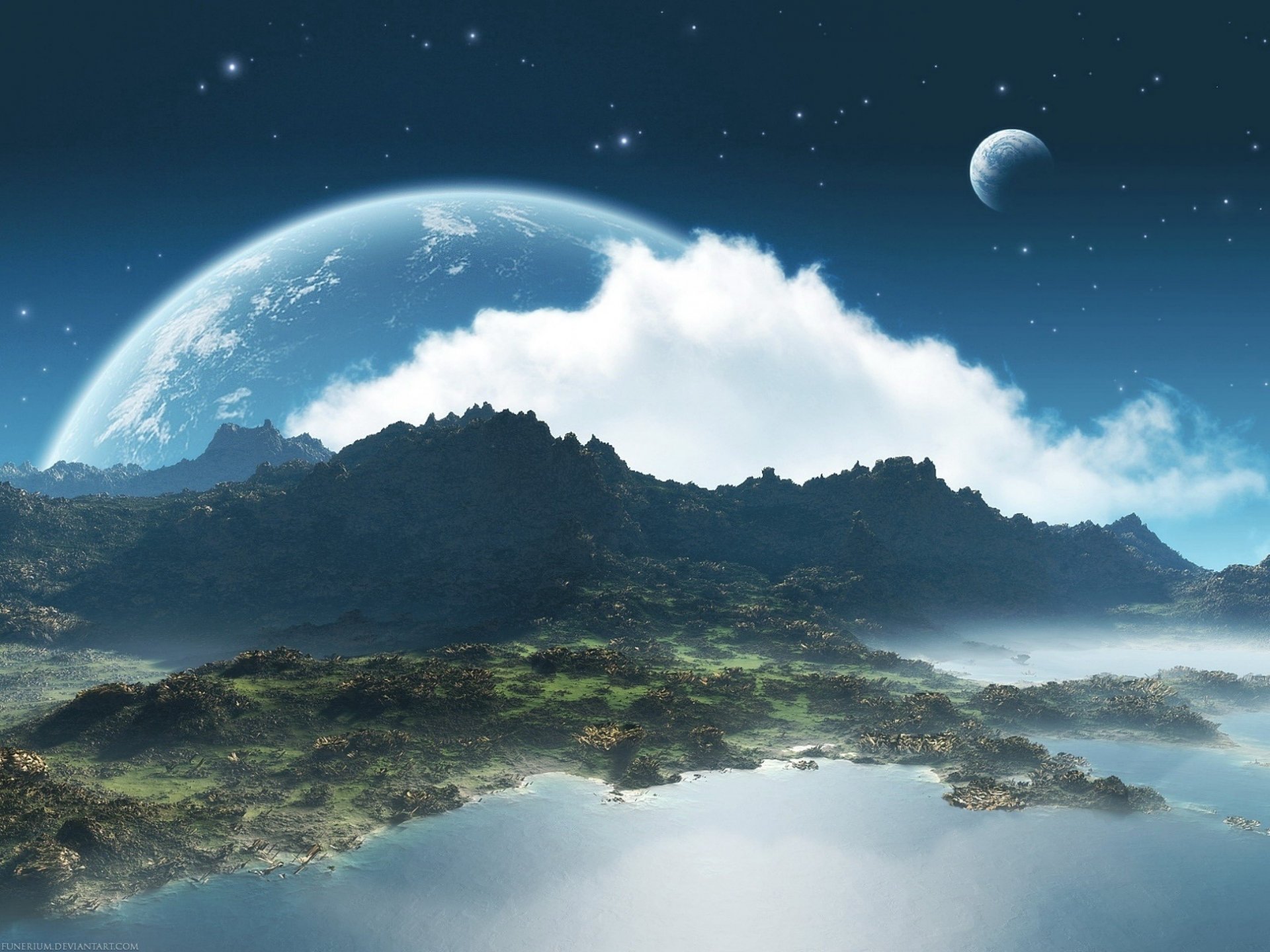 Загадочный остров на фоне планеты и луны