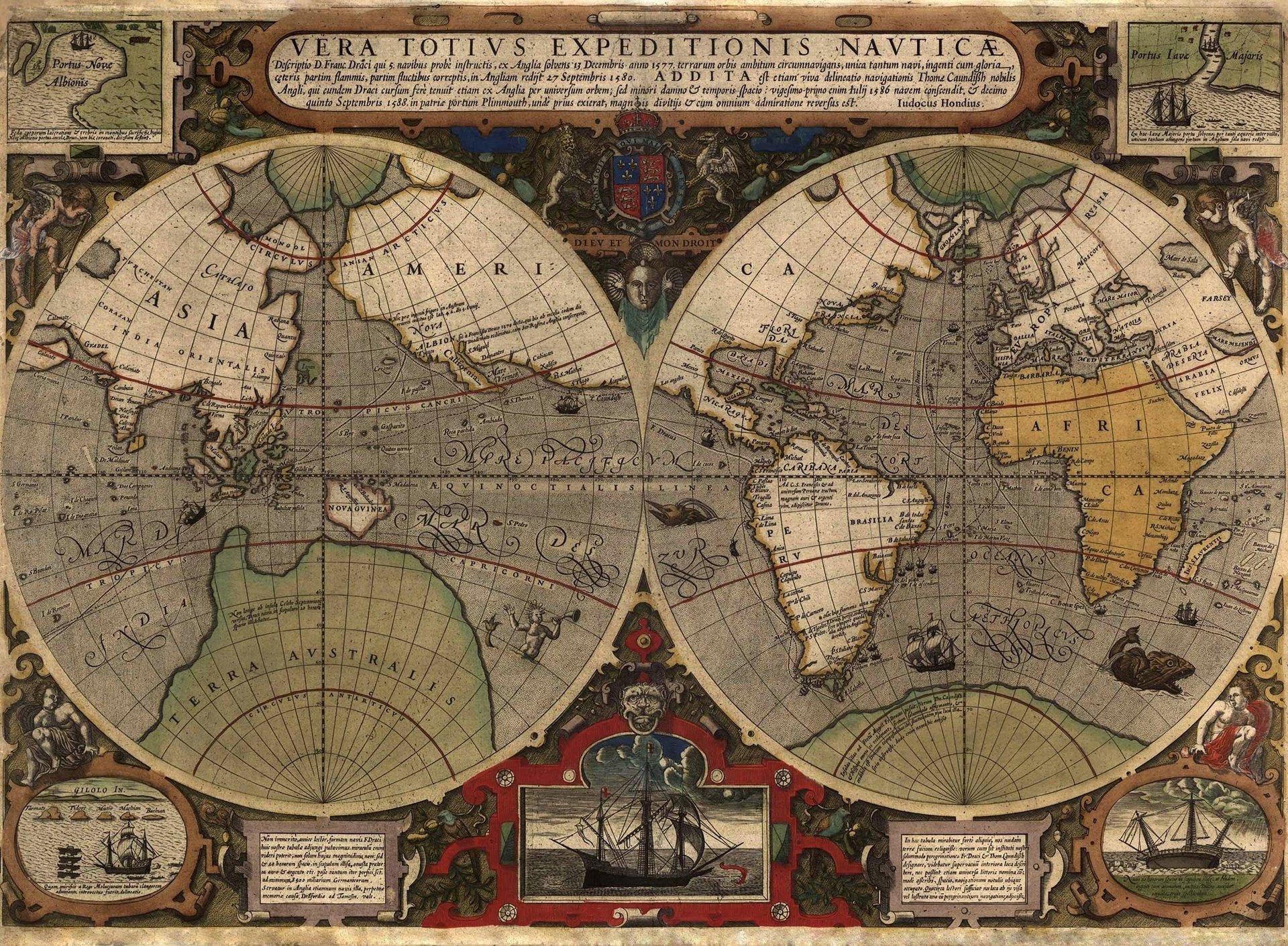 Старая карта мира в полушариях