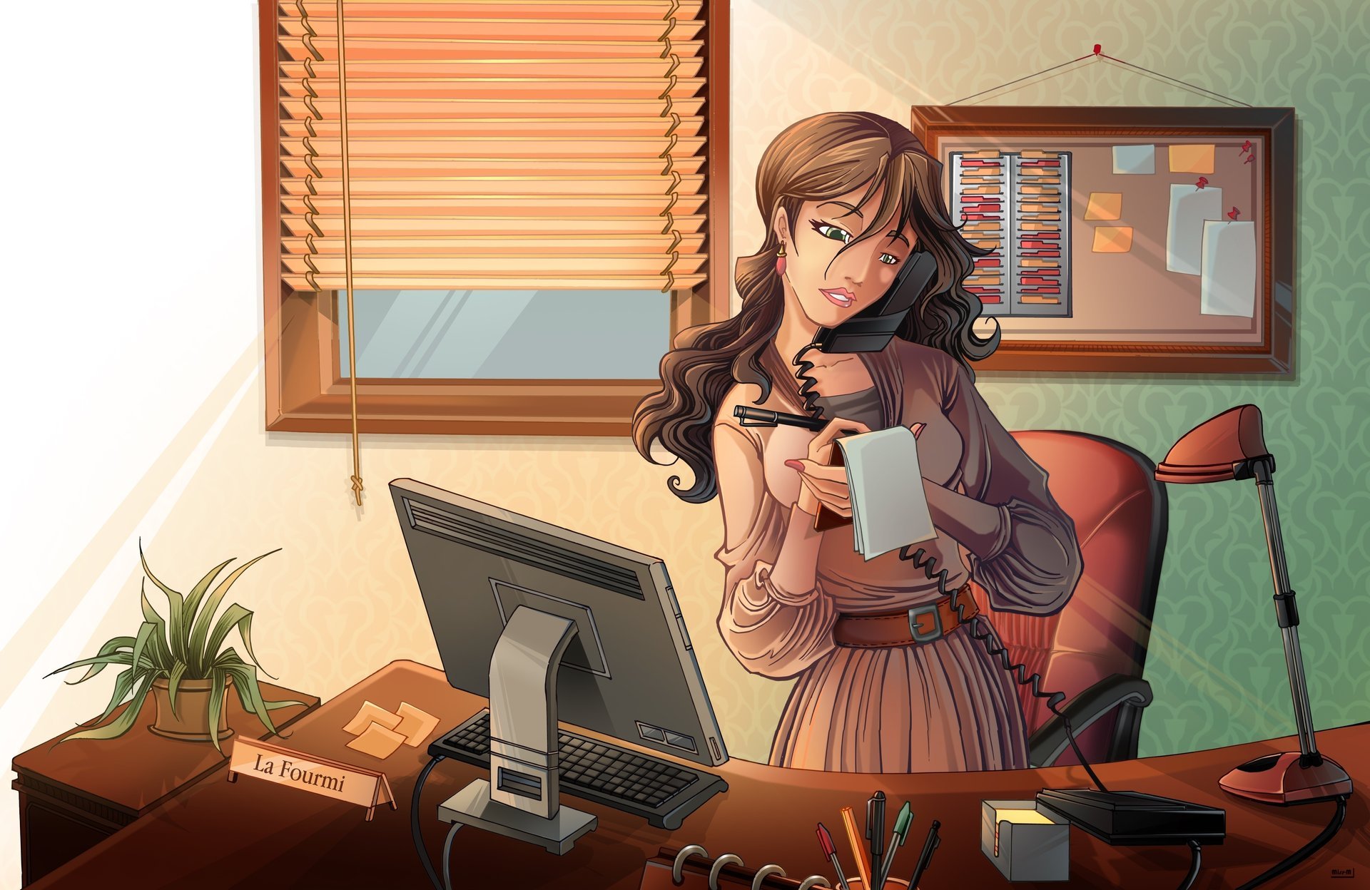 Рисунок девушки в офисе у компьютера