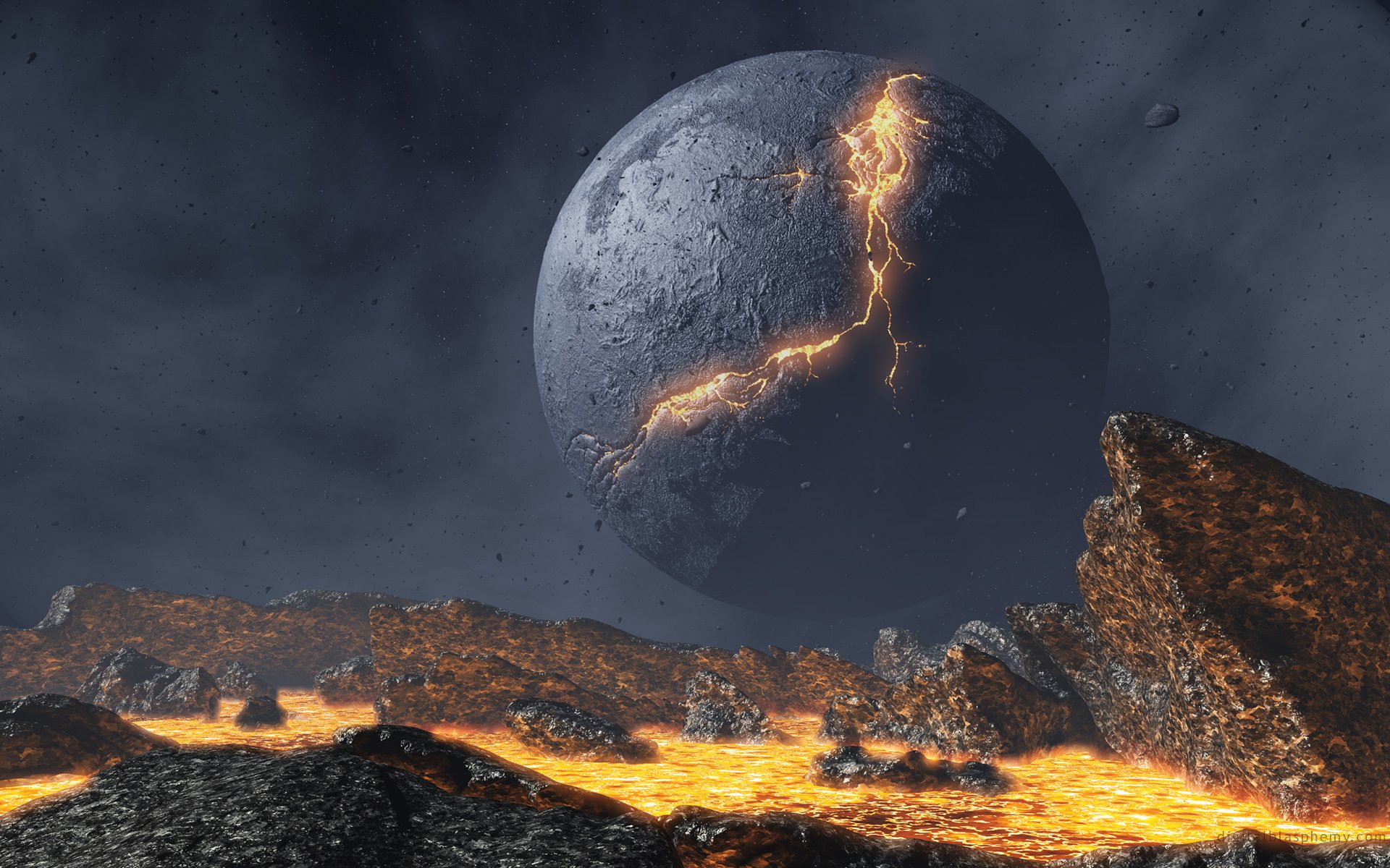 Фантастика планета в огне вокруг лава