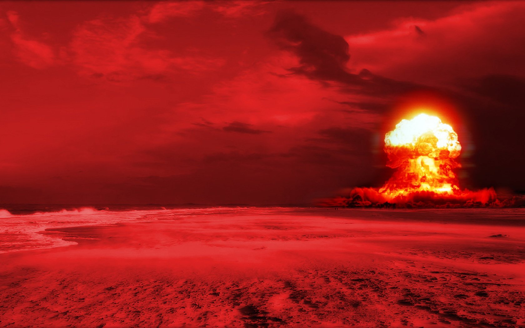 На красном фоне в пустыне яркий ядерный взрыв