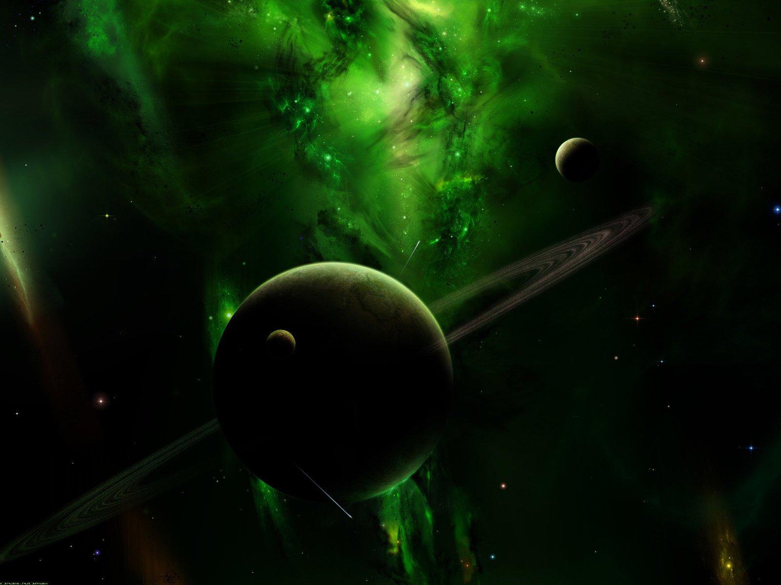Планета с кольцом на чёрном и зелёном фоне