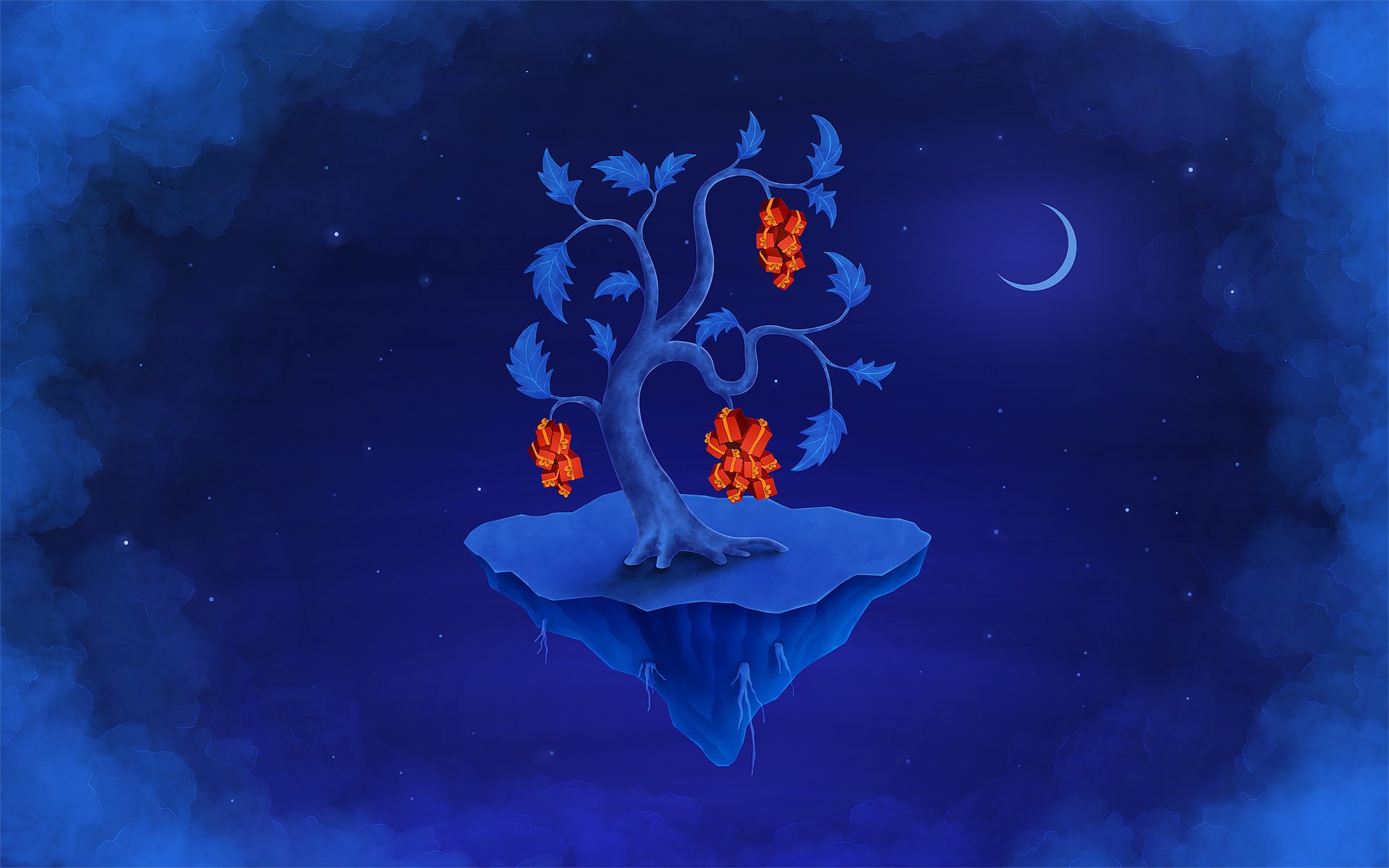 На синем фоне островок с деревом и месяц