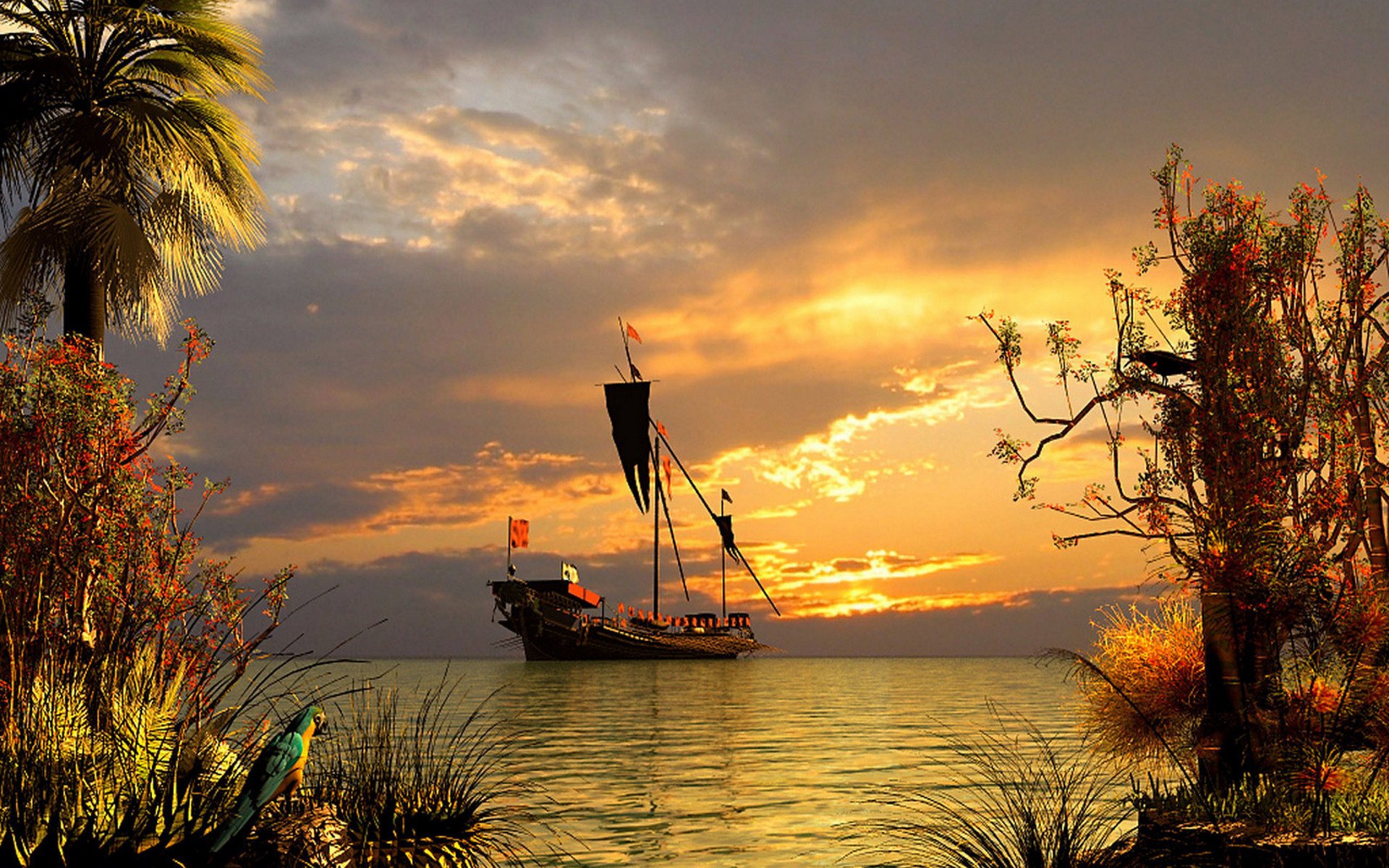 Морской пейзаж с яхтой на закате