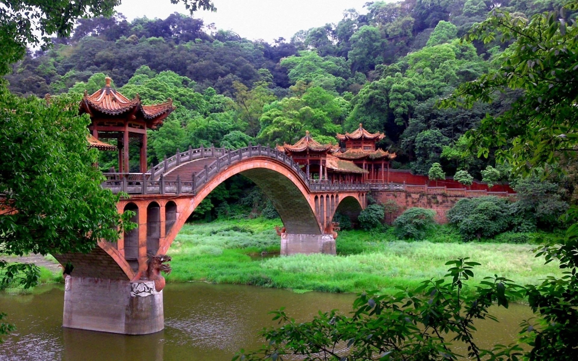 Китайский мост утопающий в зелени