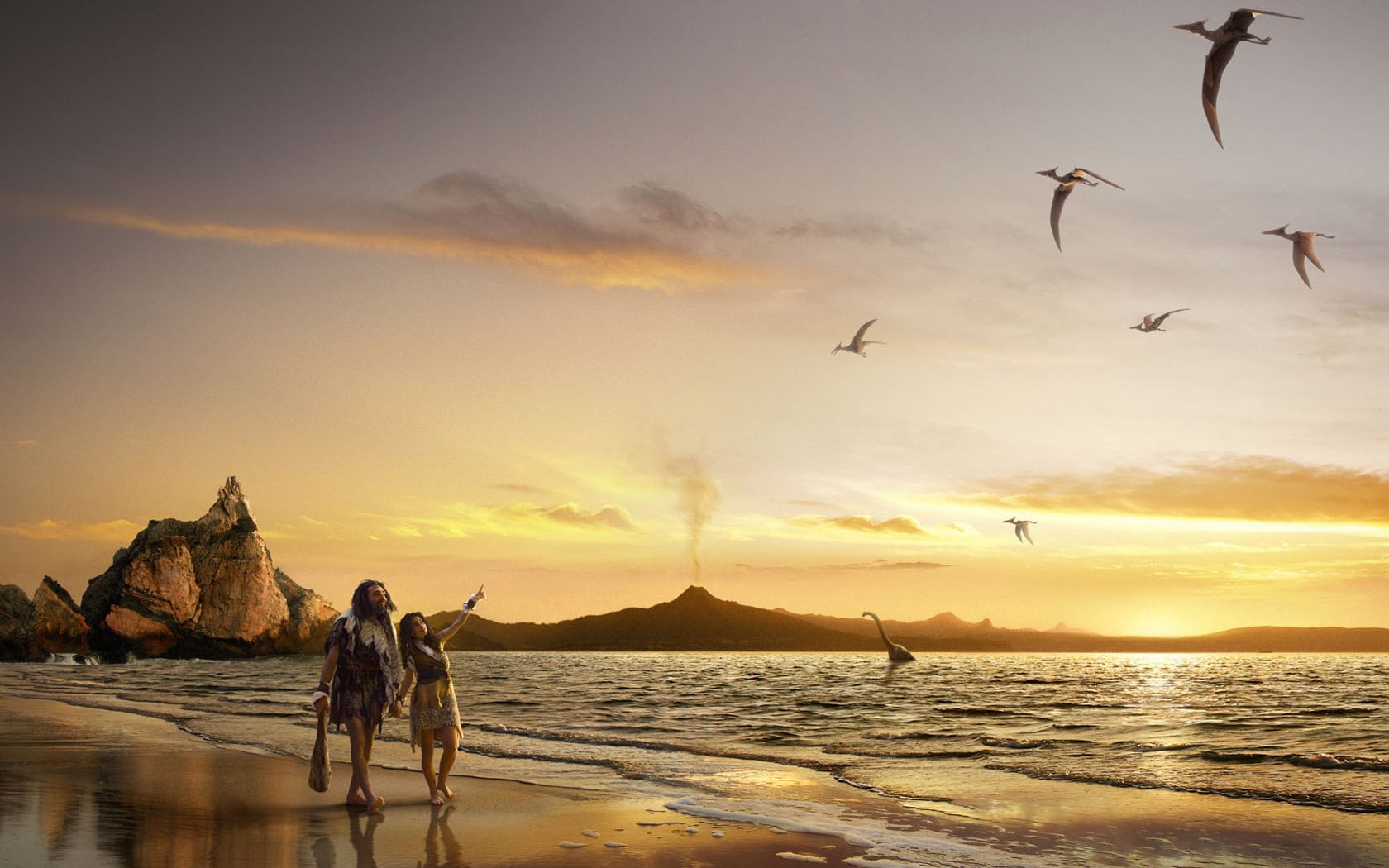 Фантазийное изображение древних людей гуляющих на берегу моря