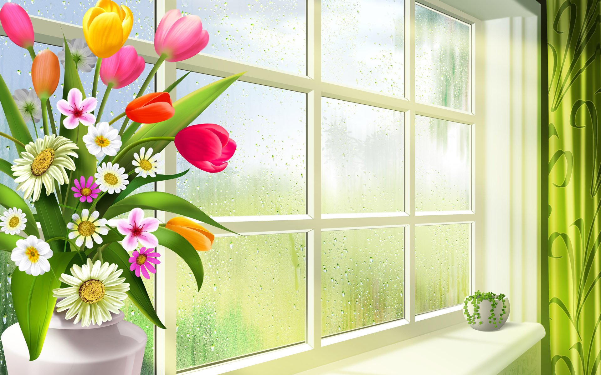 Ваза на окне с полевыми цветами