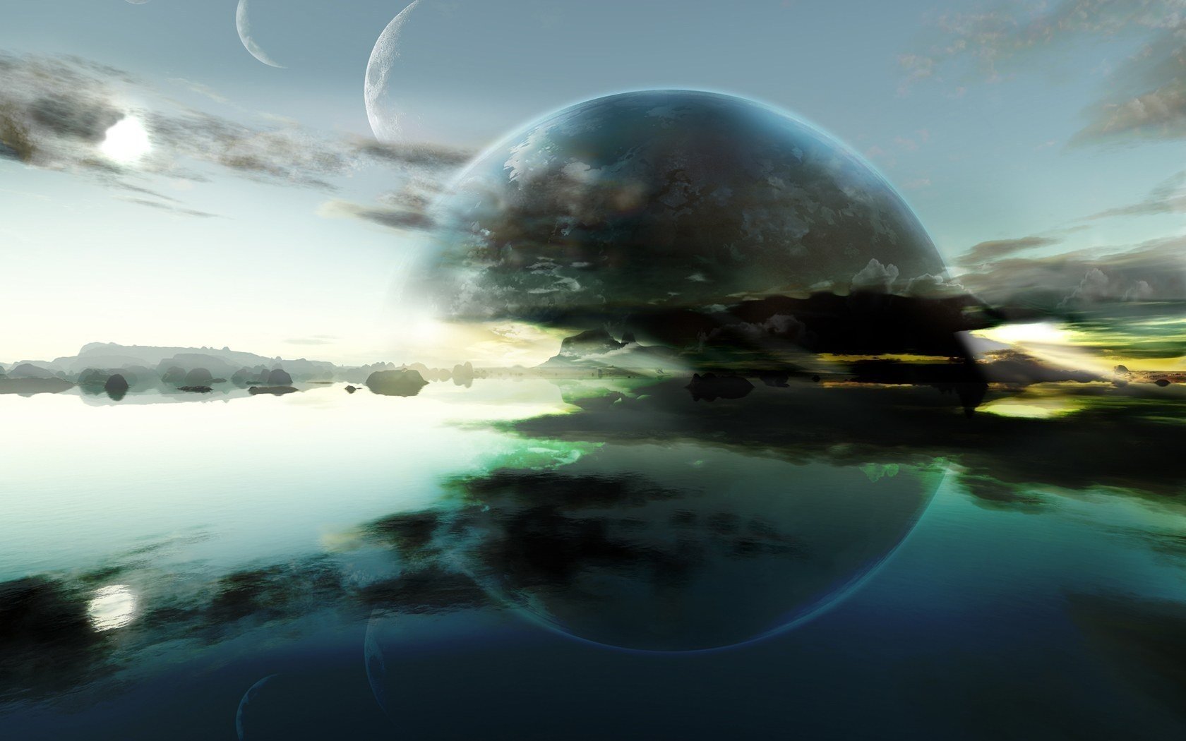 Отражение планеты с облаками в воде
