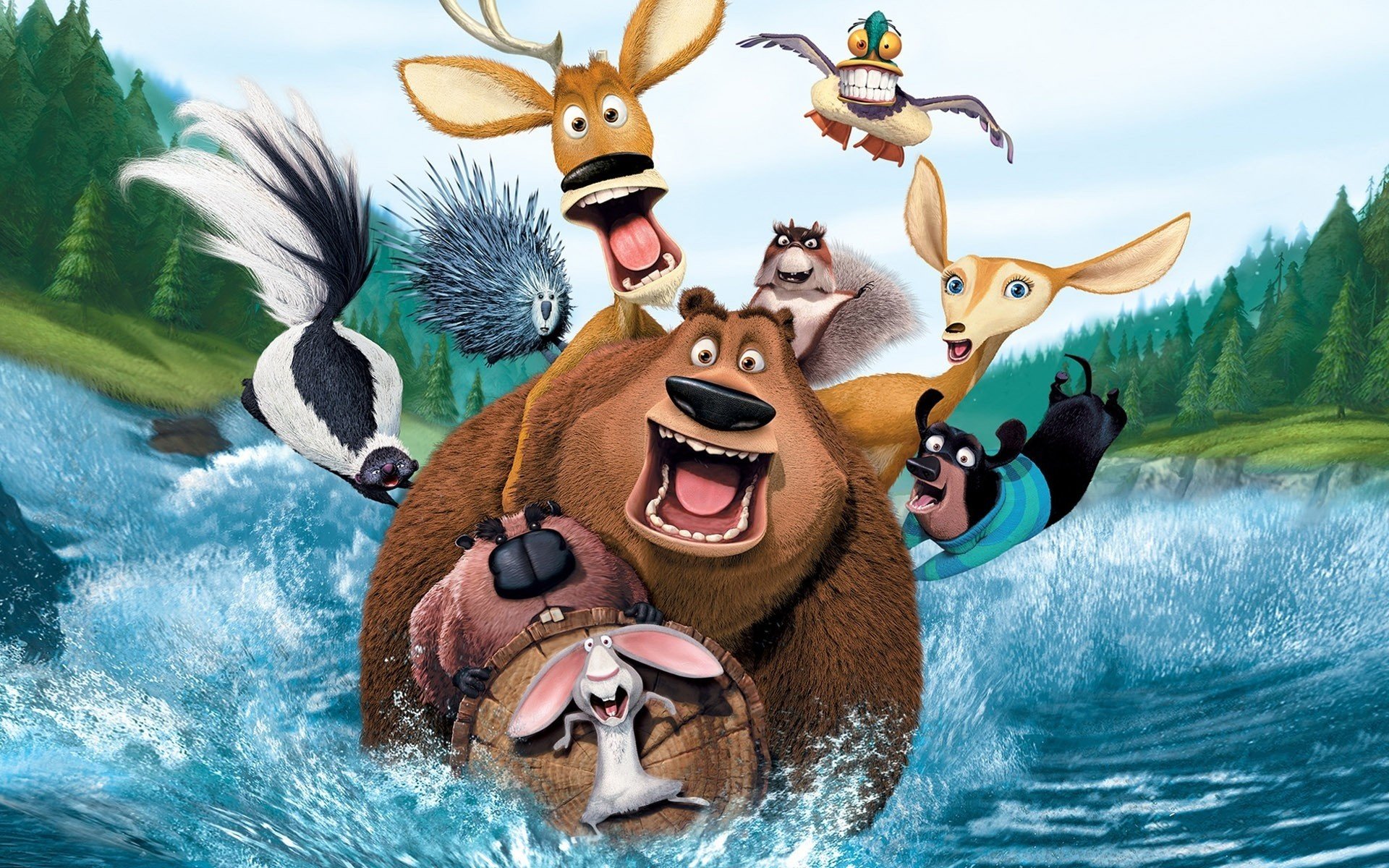 Животные из мультфильма плывут на бревне