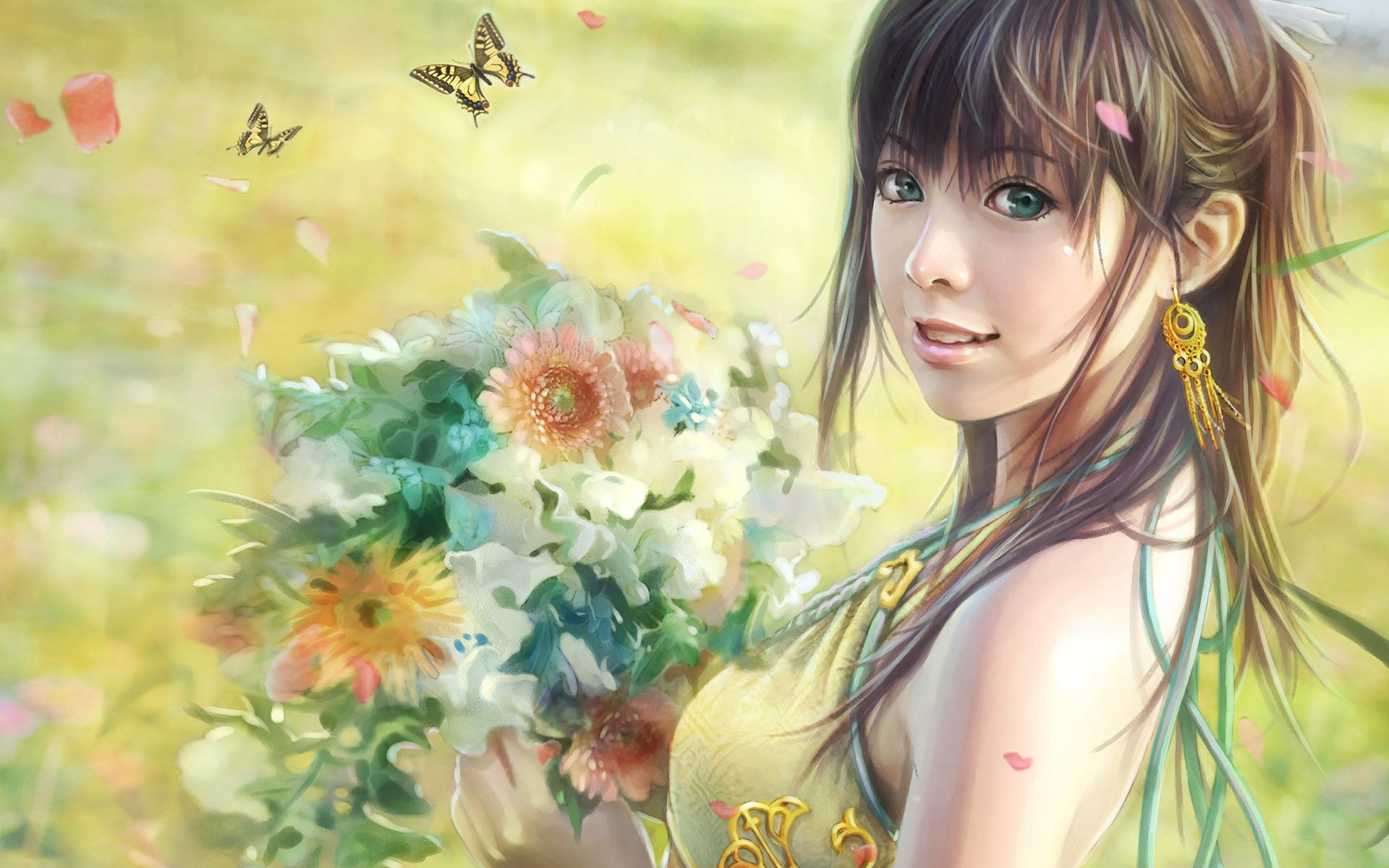 Зеленоглазая девушка среди цветов и бабочек