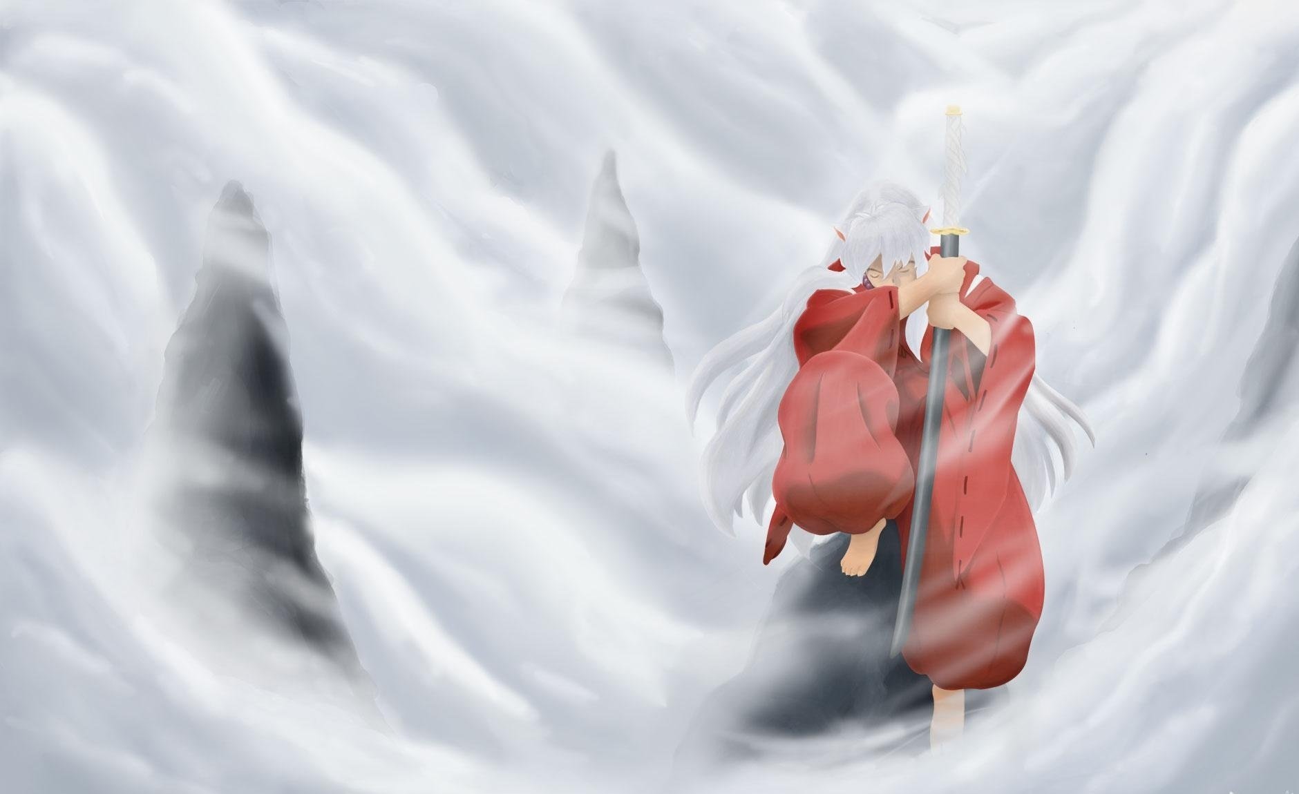 Самурай в красном плаще на снегу