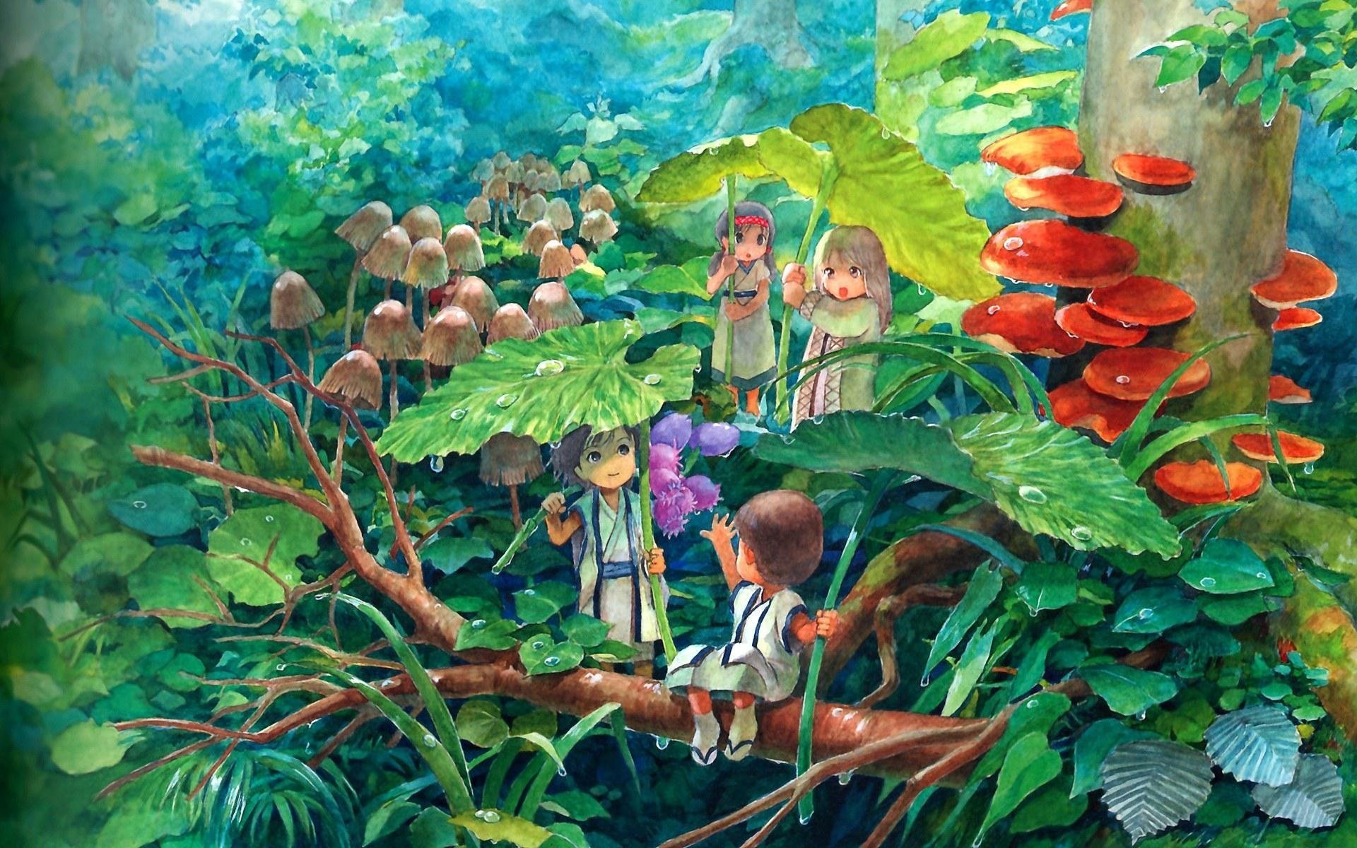 Маленькие человечки под листьями в лесу