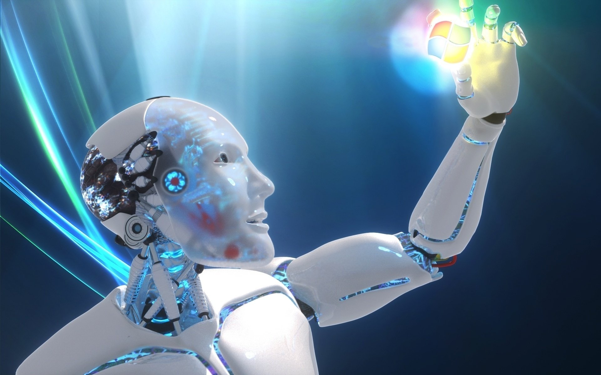 Робот андроид белого цвета с логотипом виндовс в руке.