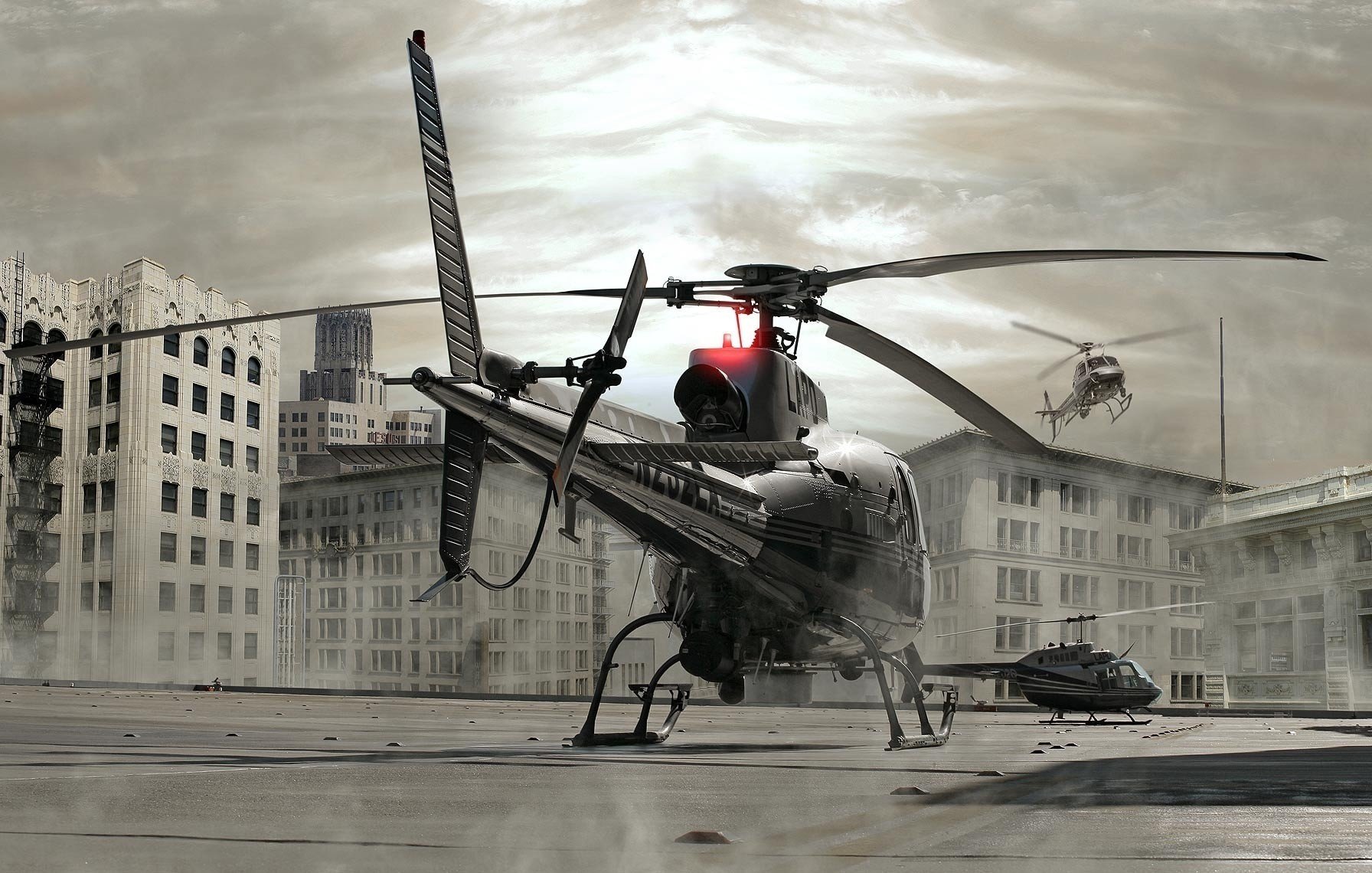 Вертолёты в центре пустующего города
