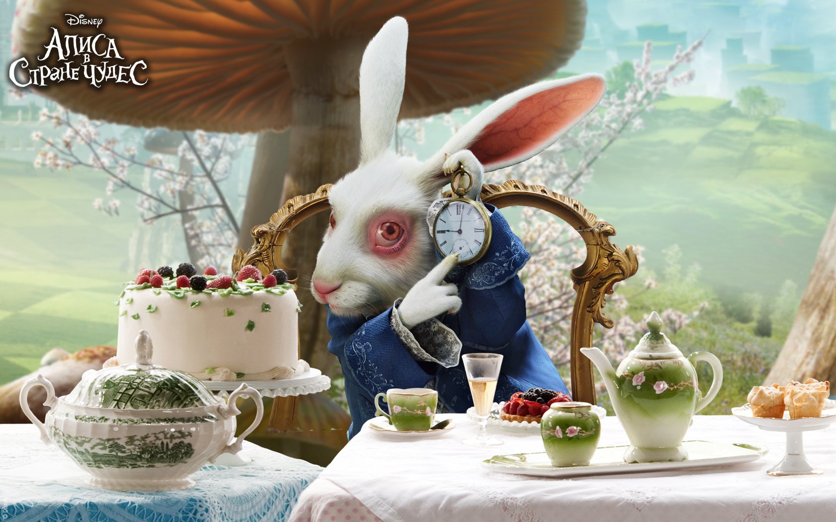Белый кролик указывающий время из Алисы в стране чудес Обои на рабочий стол...