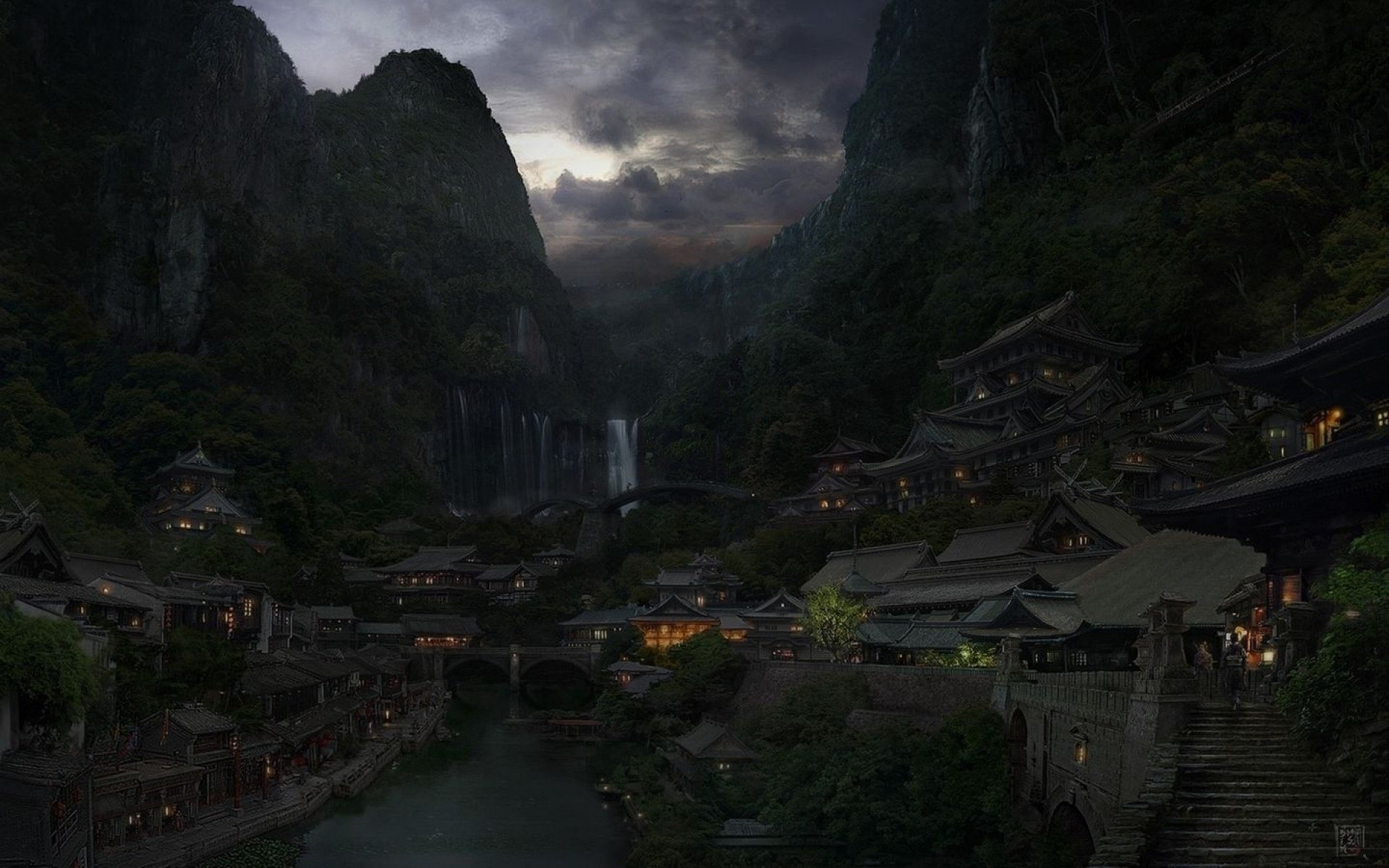 Анимационная азиатская деревня в горах