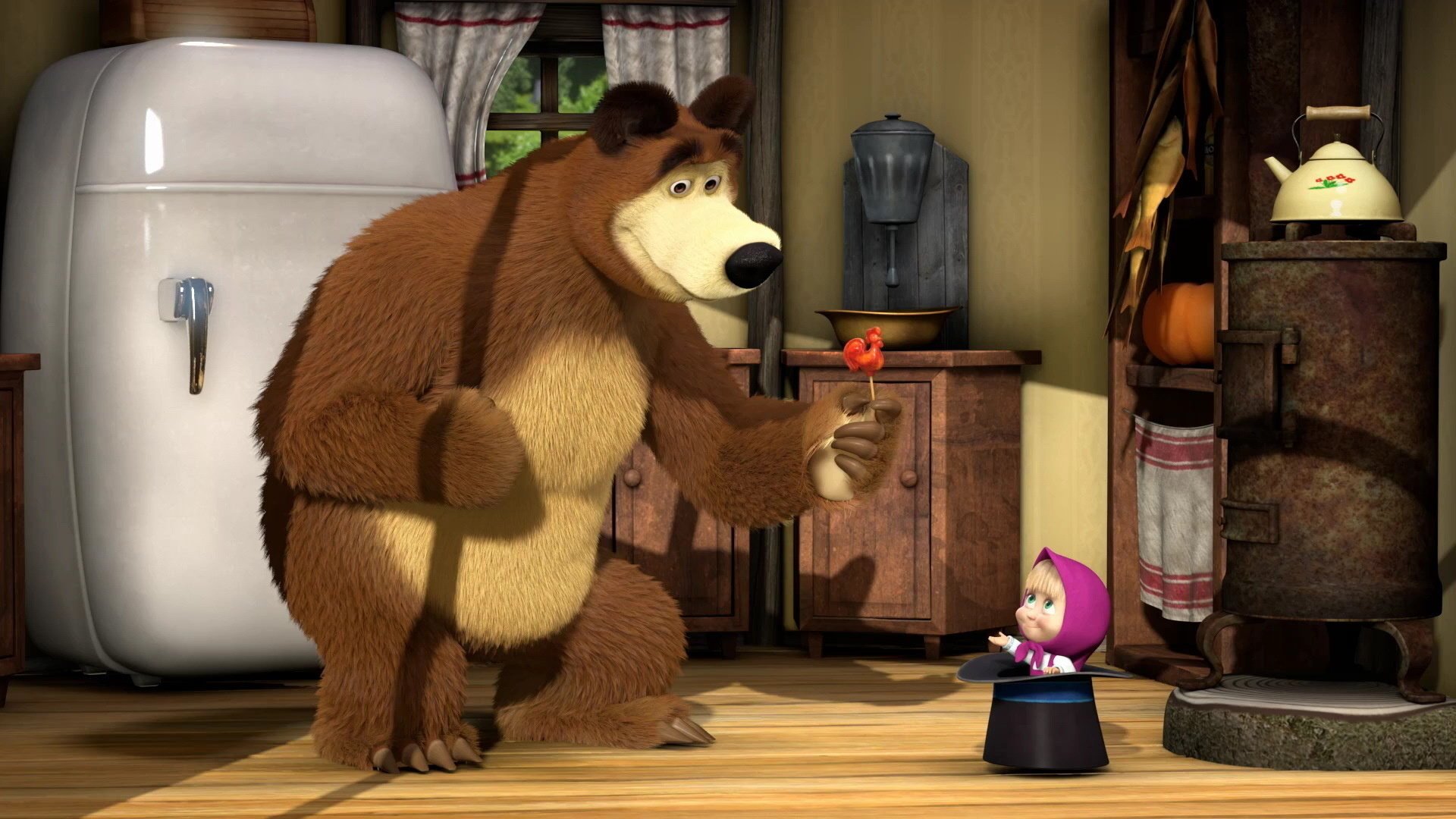 Медведь даёт Маше красный леденец