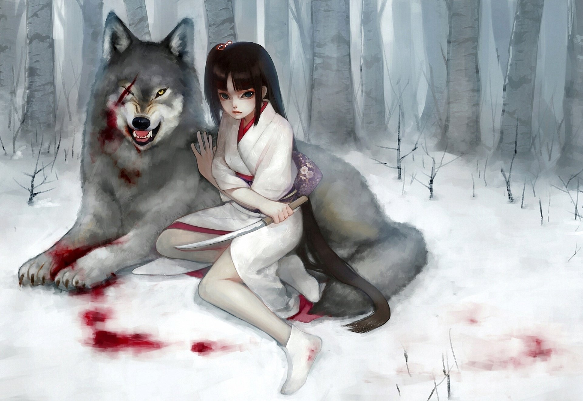 Девушка и раненый волк на снегу