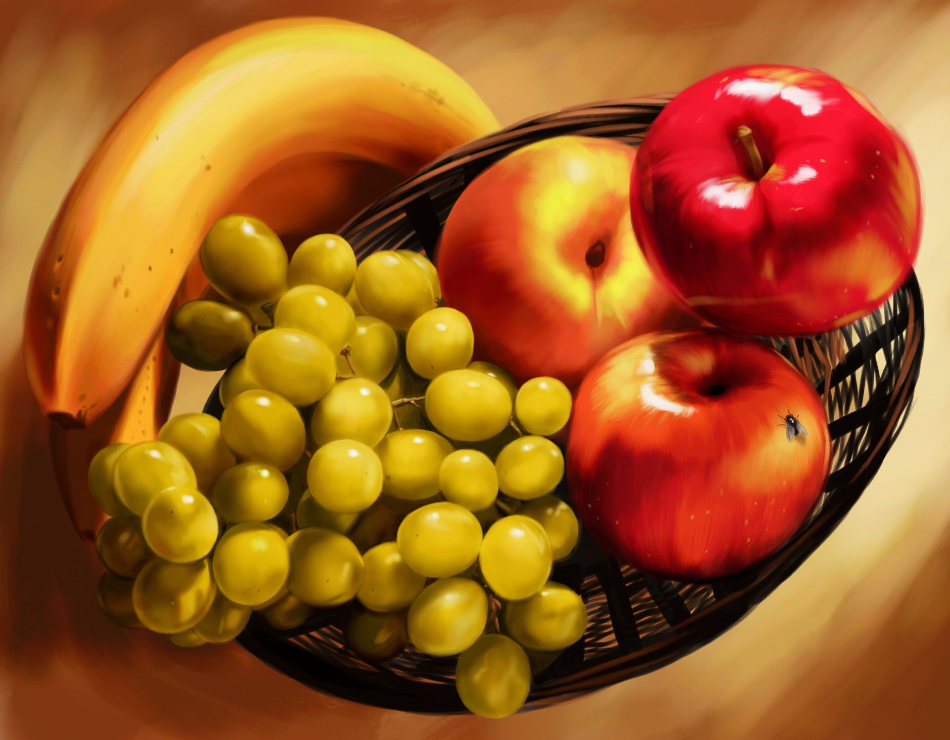 Корзина с фруктами на столе. Яблоки, бананы и виноград