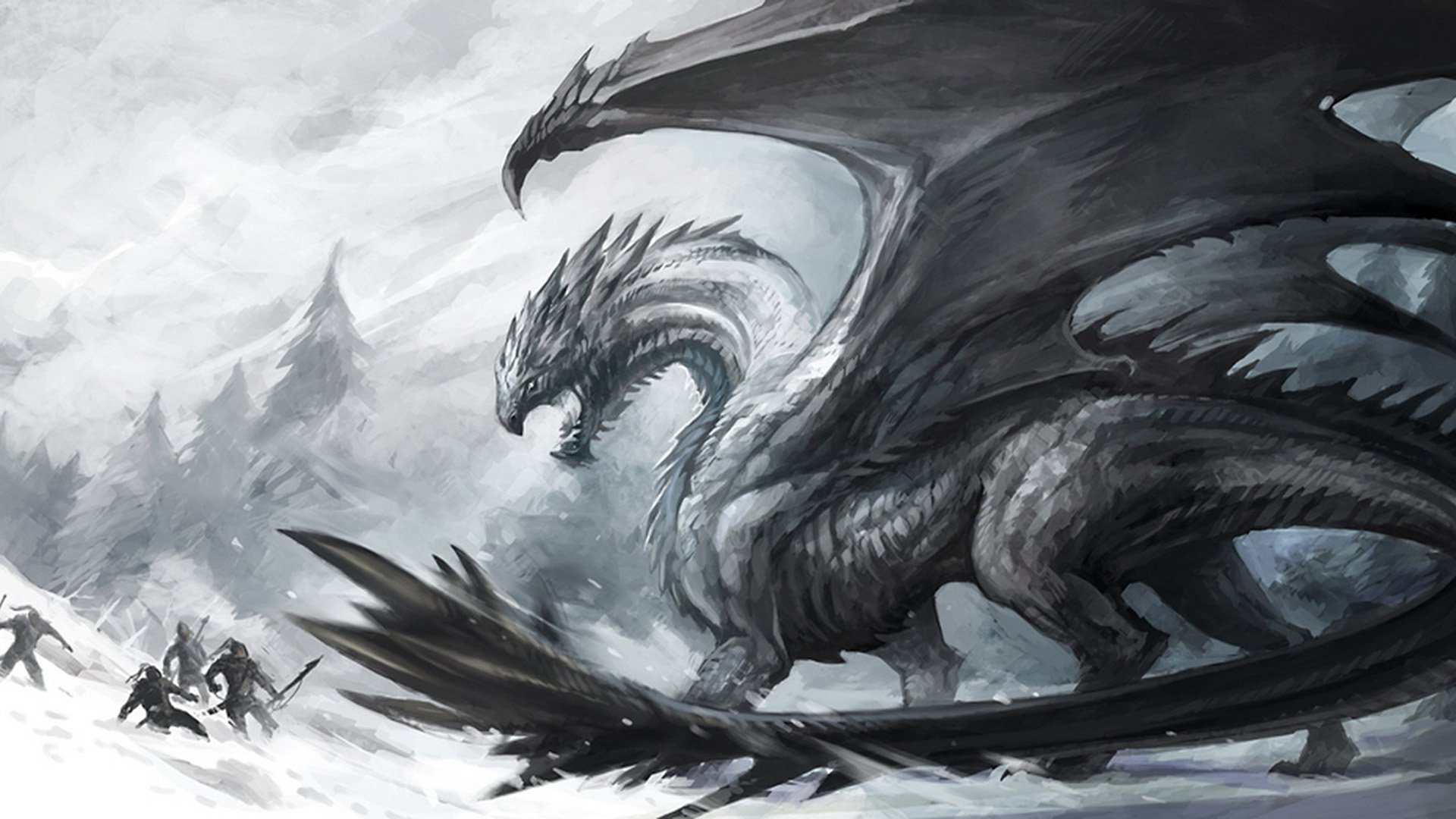 Битва людей и дракона в снегу