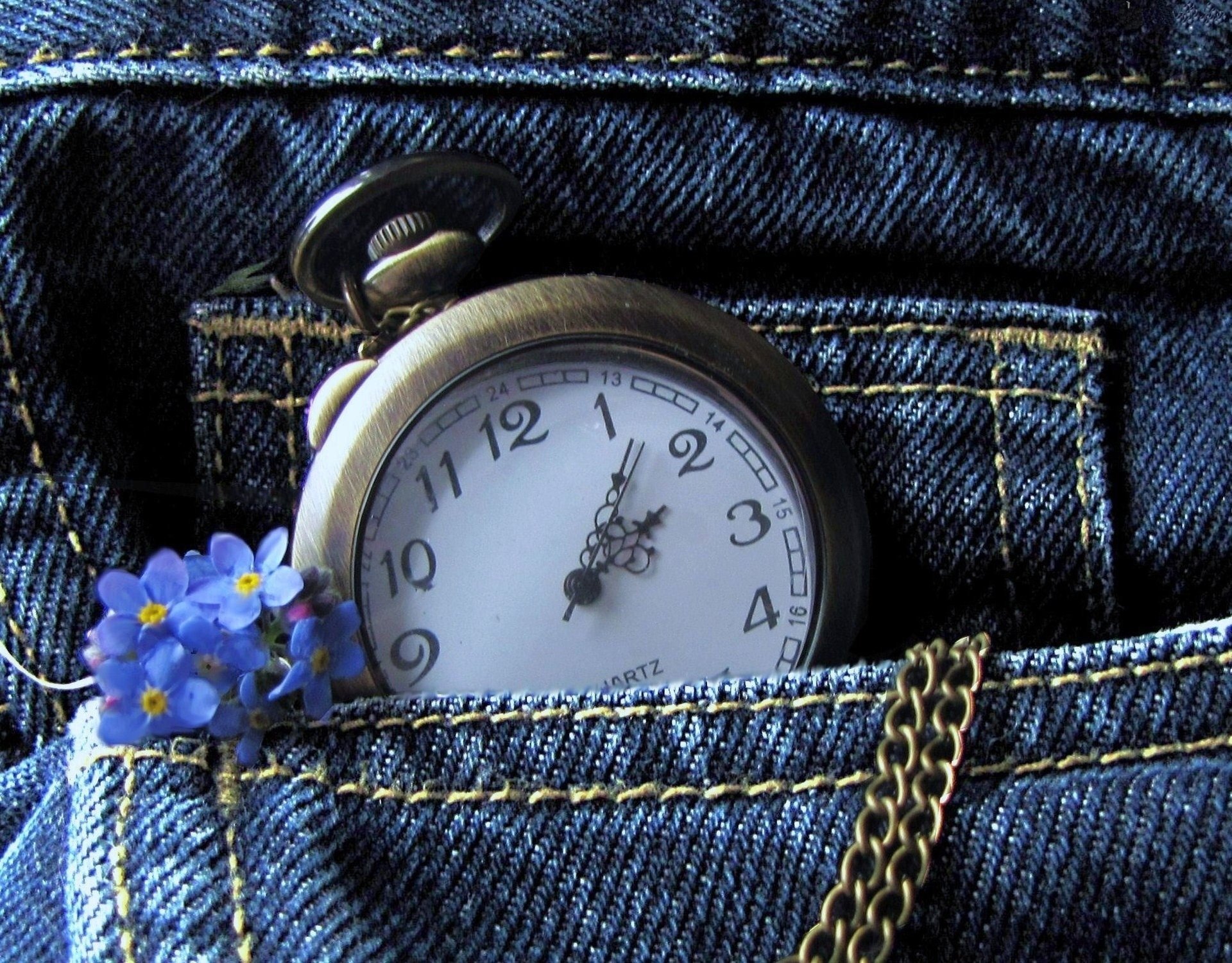 Карманные часы в джинсах и синяя сирень