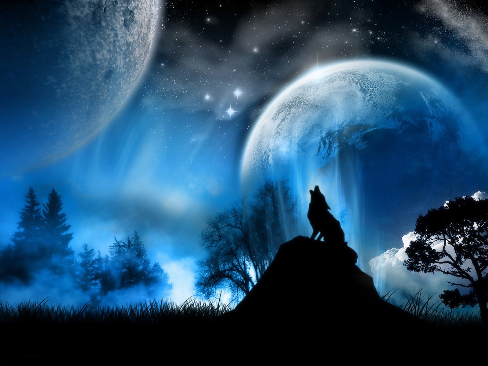 Силуэт воющего волка на фоне фантастической луны
