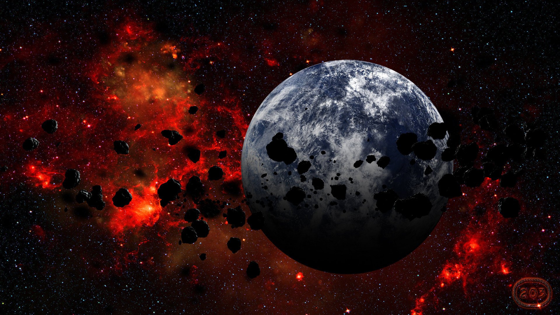 Планета и множество астероидов на фоне туманности