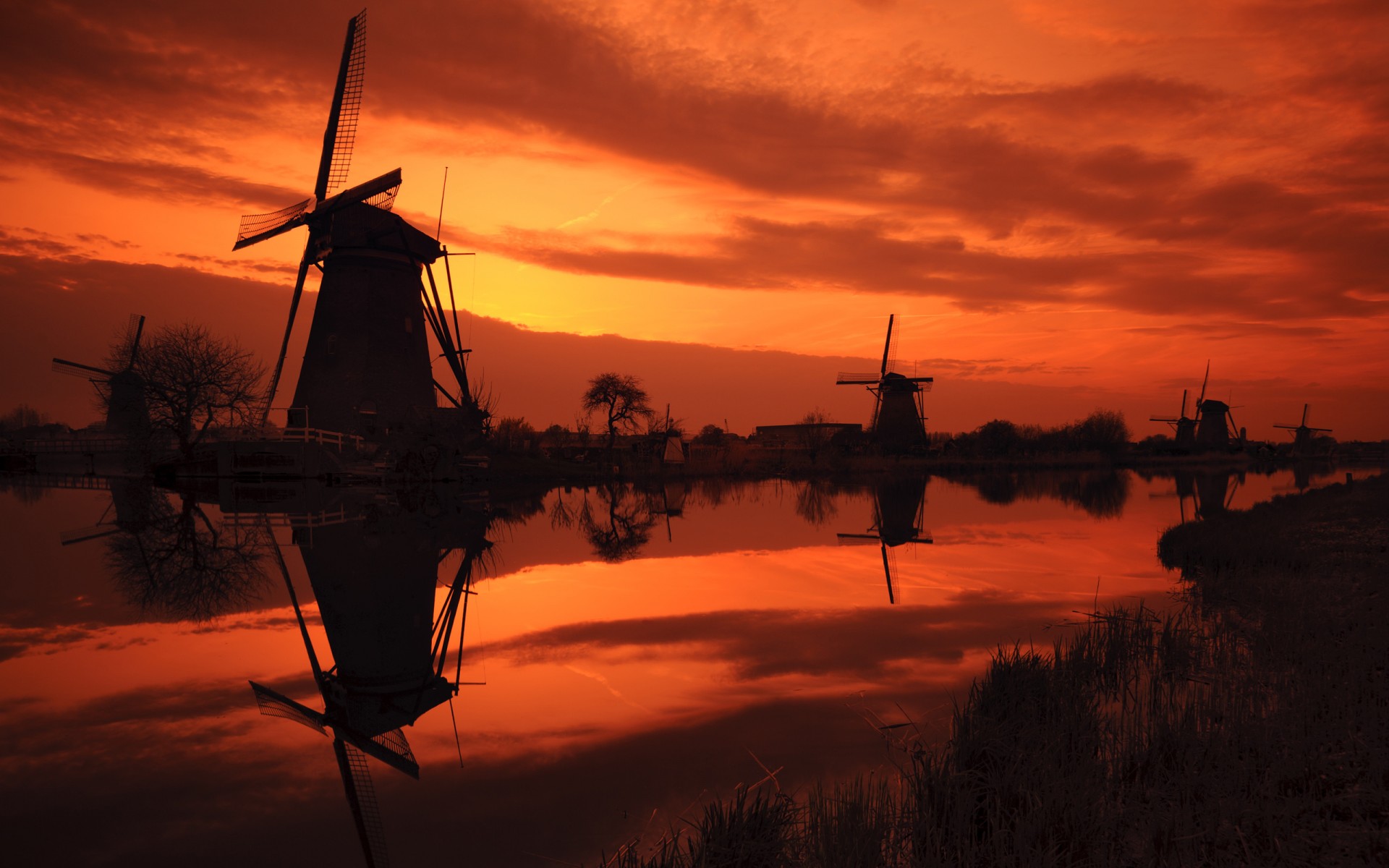 kinderdijk закат нидерланды мельницы ветряные мельницы небо