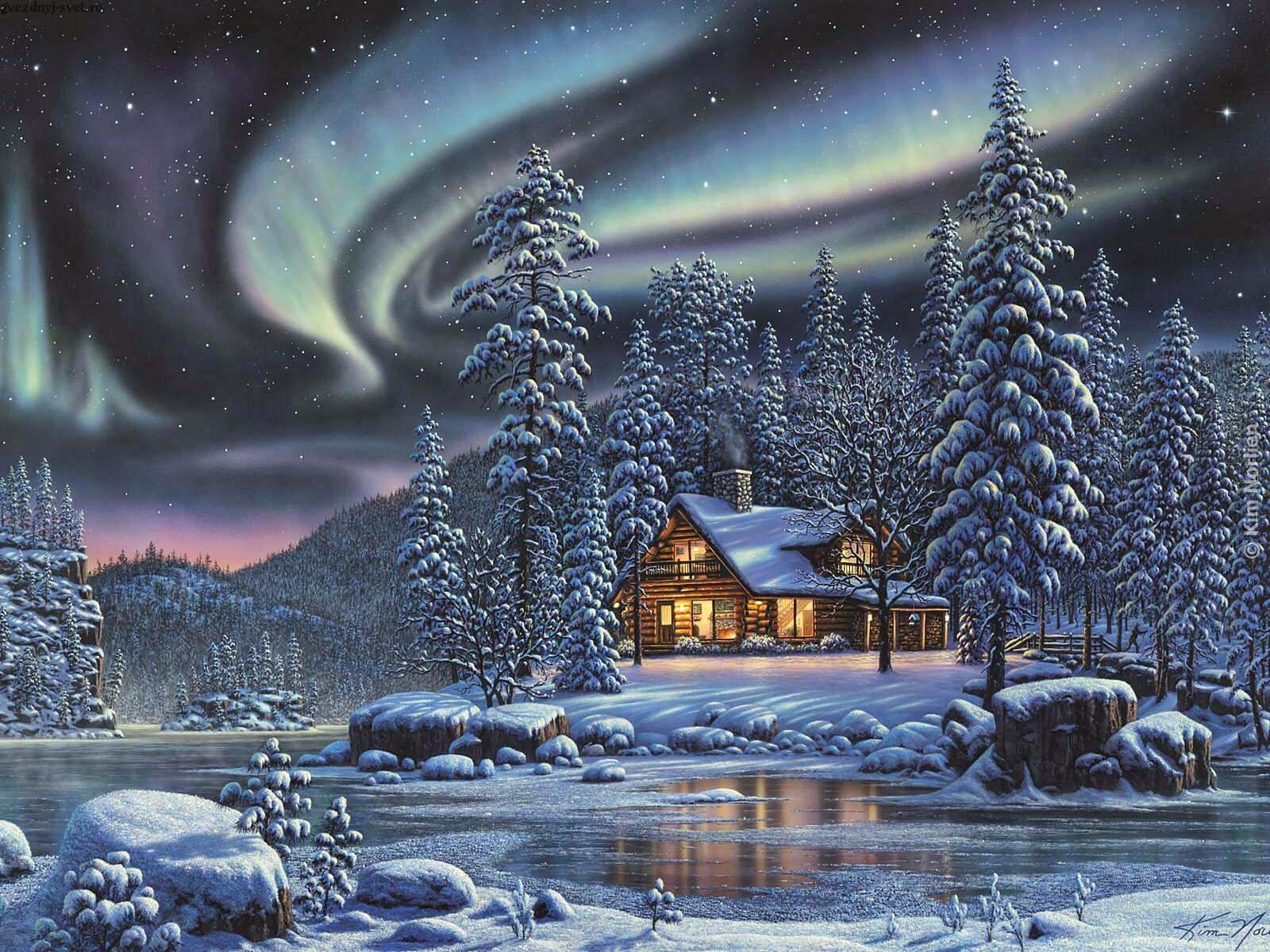 зима домик лес речка ночь северное сияние