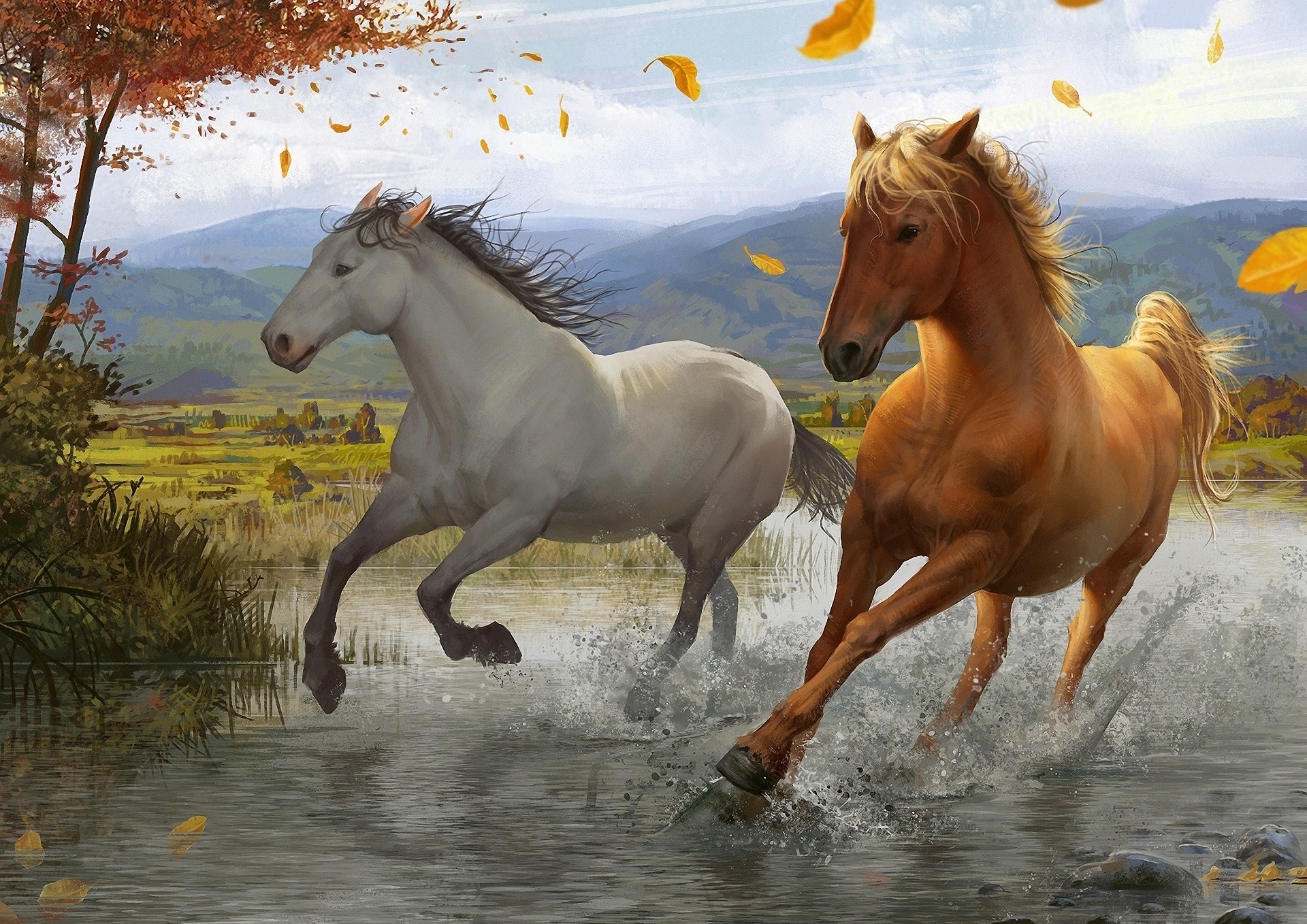 Horses fall. Лошадь бежит. Лошади на природе. Лошади в живописи. Красивые лошади.