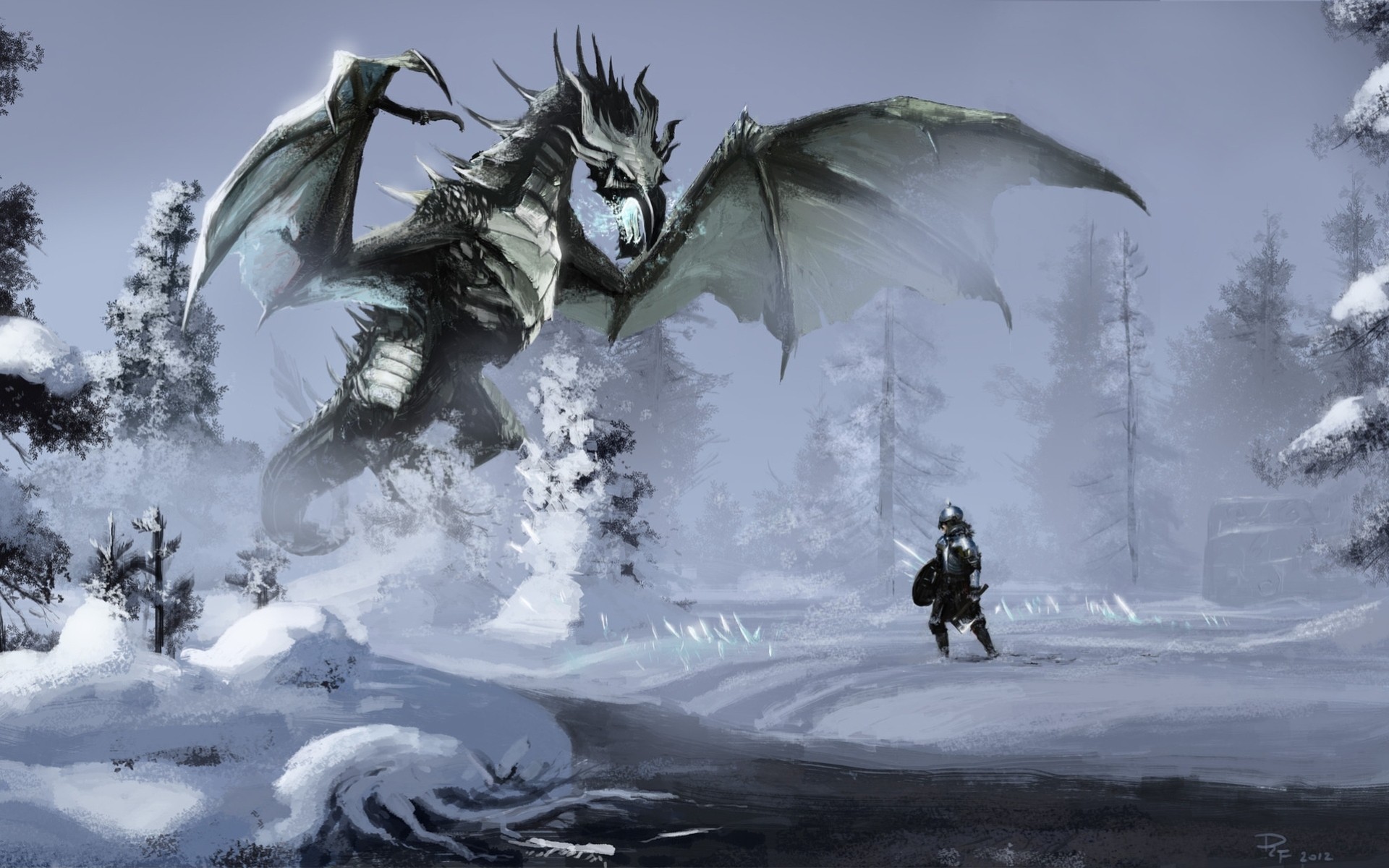 арт река лес дракон снег воин магия зима skyrim.
