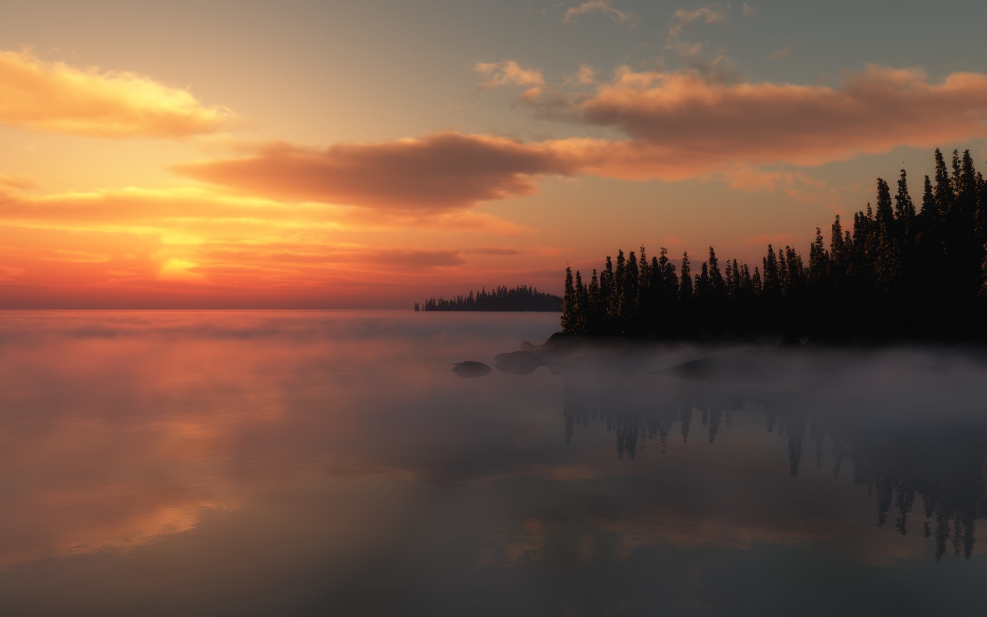 закат озеро туман деревья