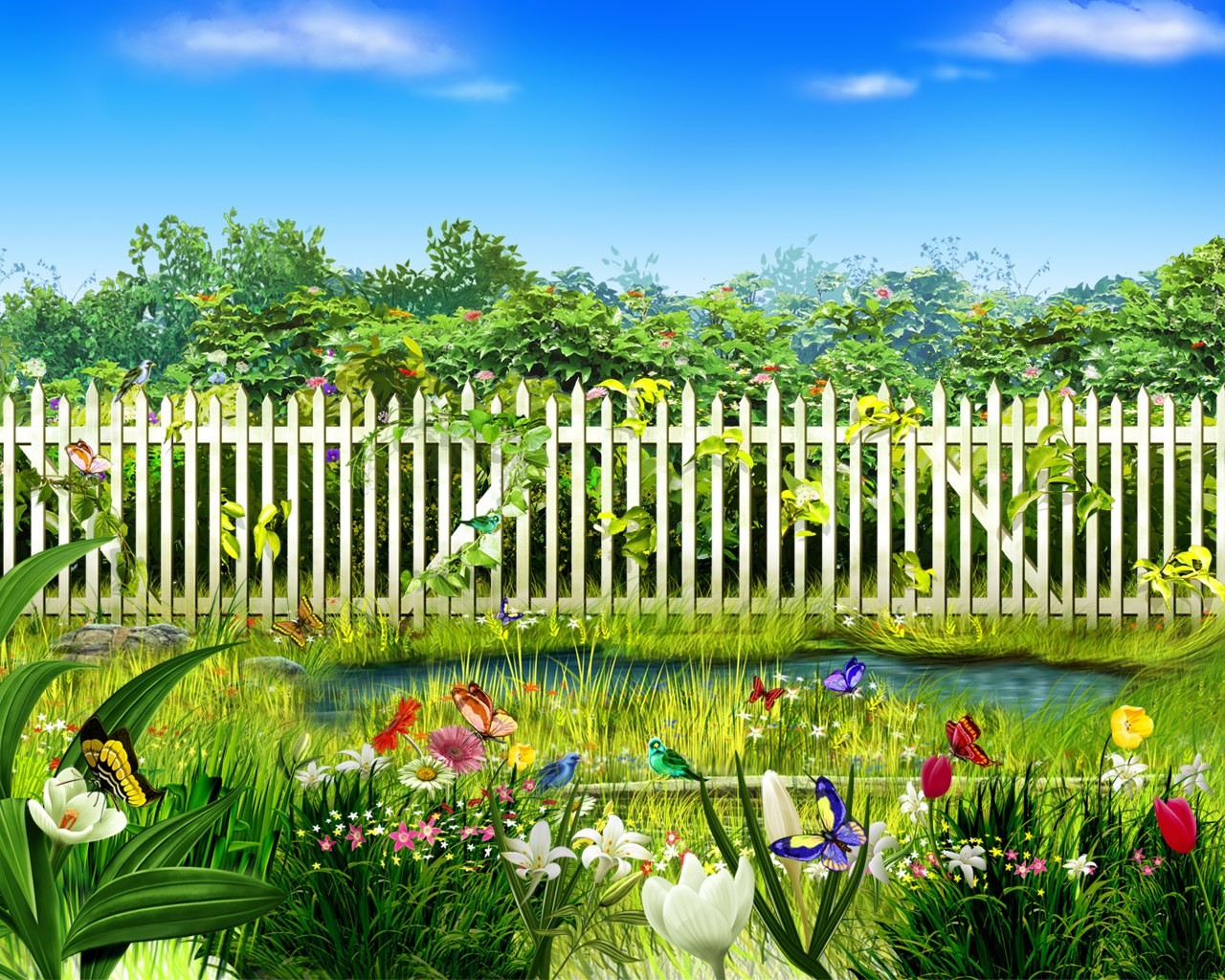 забор ручей птицы цветы