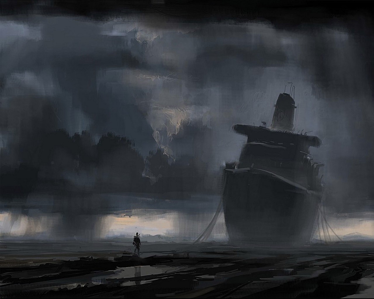 корабль берег рисунок человек