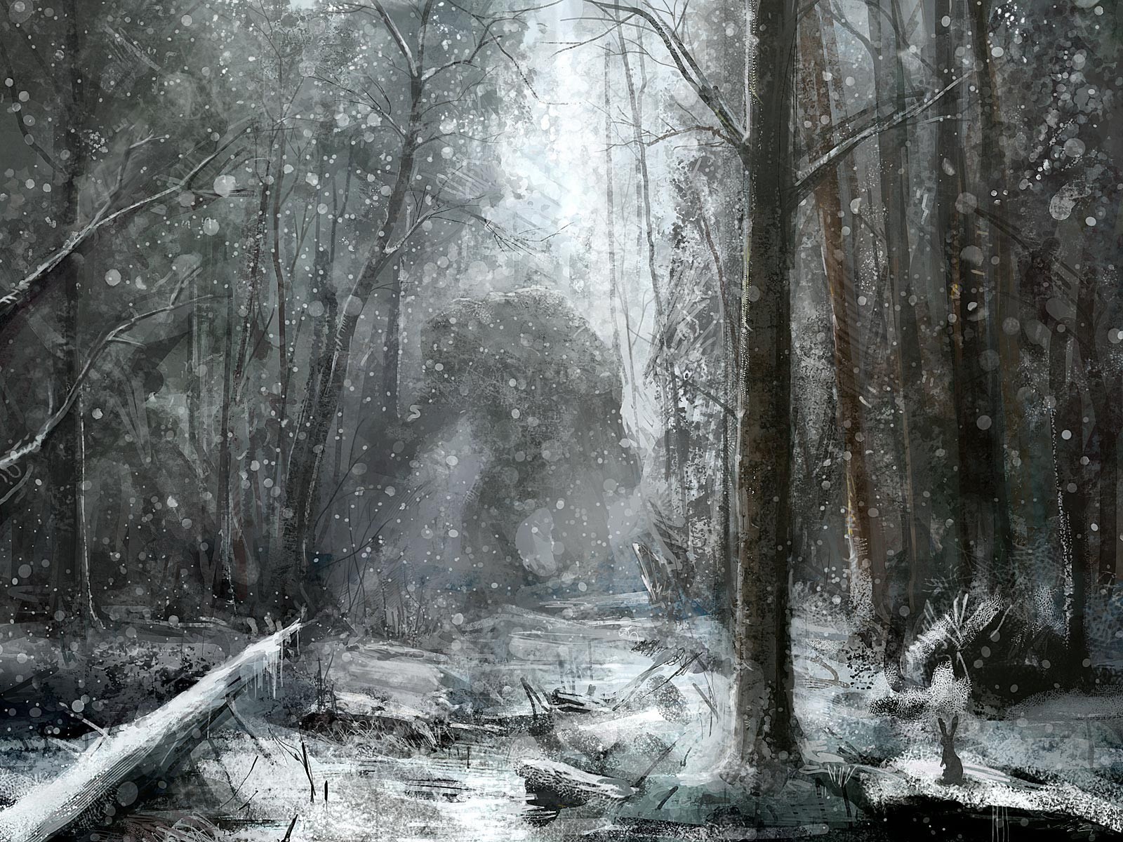 рисунок лес снег монстр