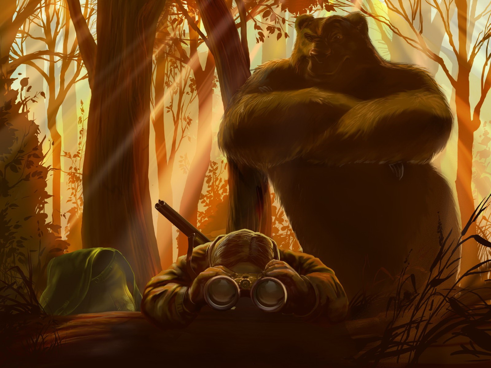 охотник медведь лес бинокль