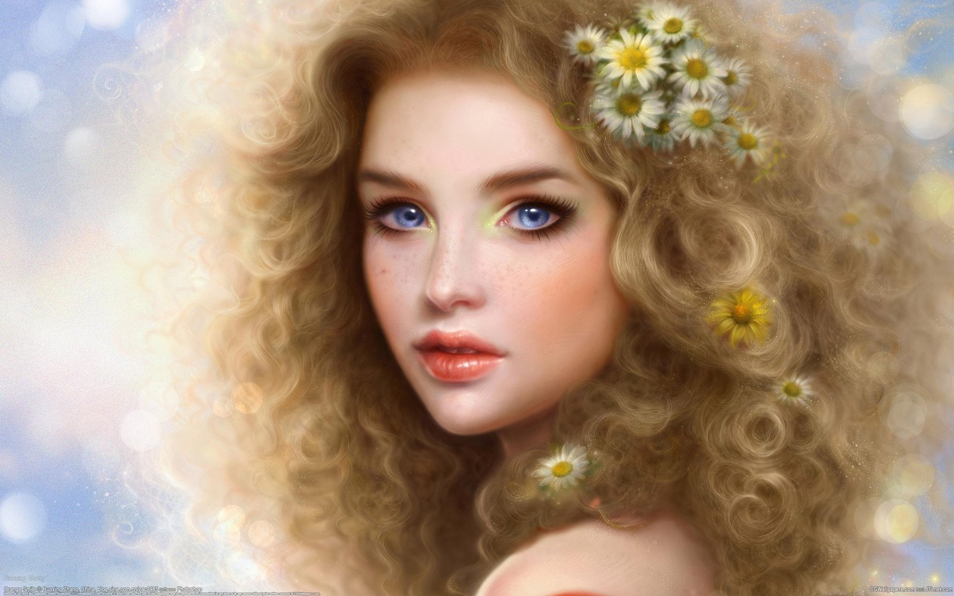 Рисунок кудрявой блондинки с ромашками