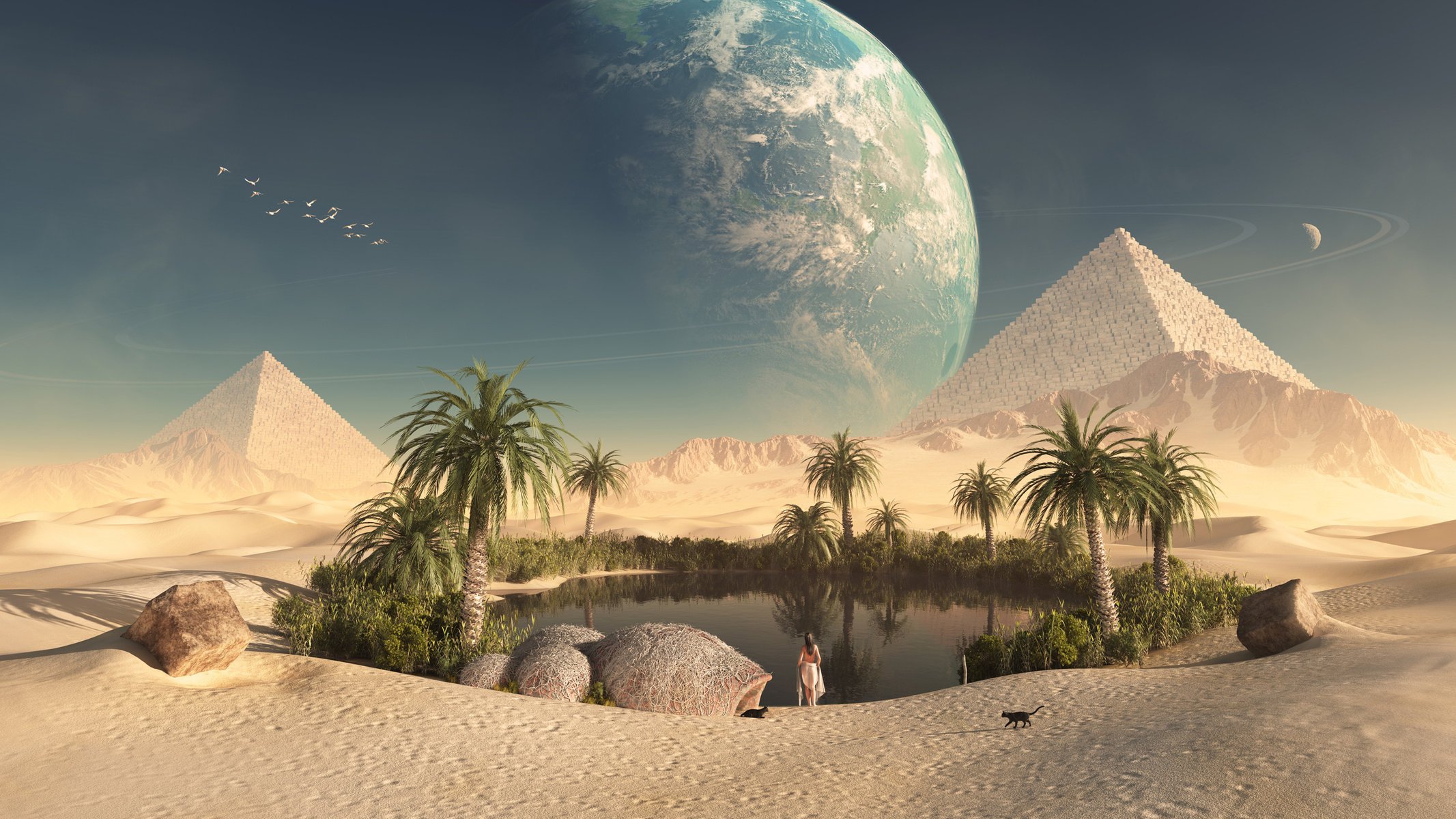 Планета земля в небе над пирамидами и оазисом