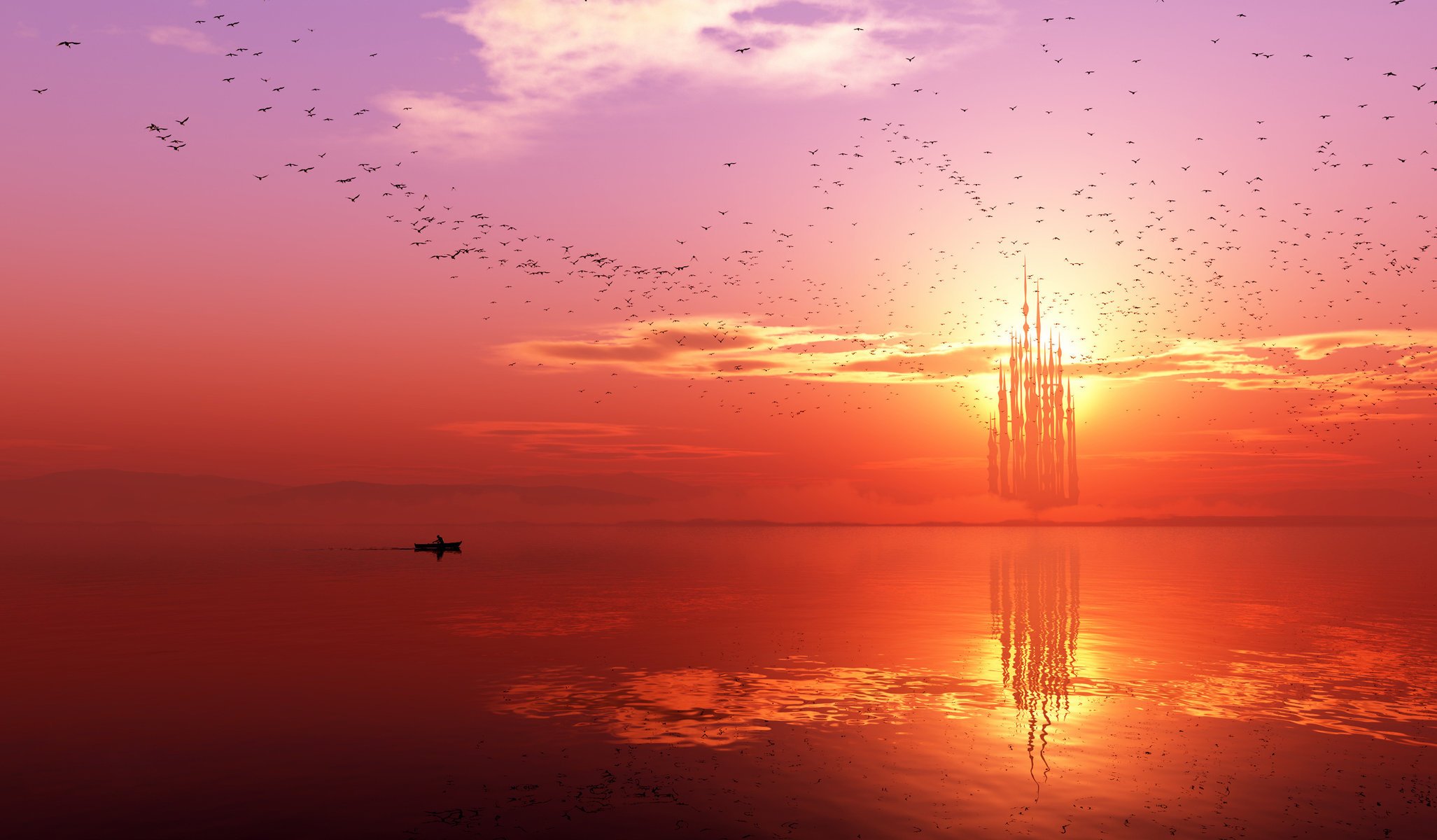 Воздушный замок над морем с закатом