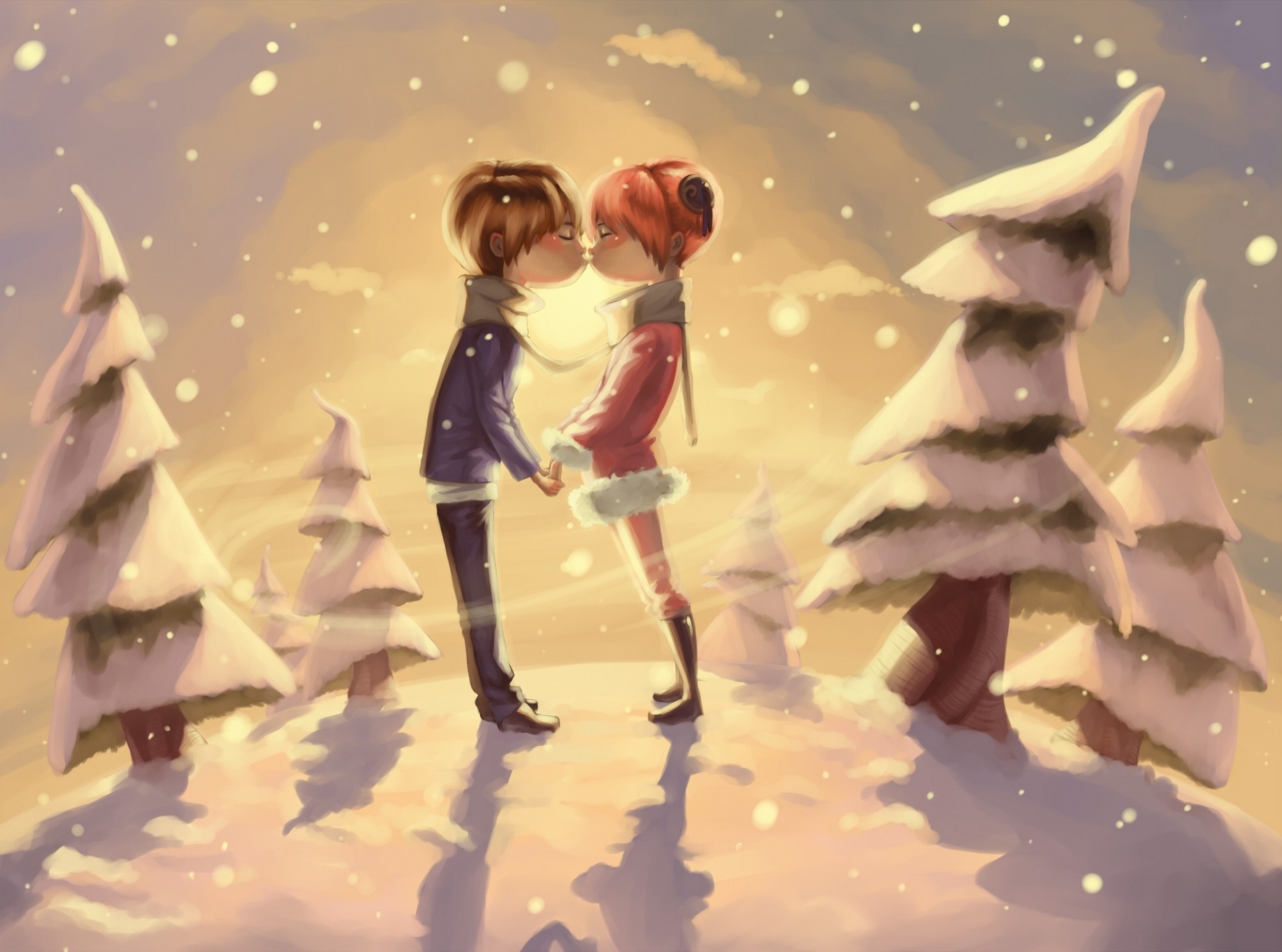 романтика деревья снег пара поцеловать зима