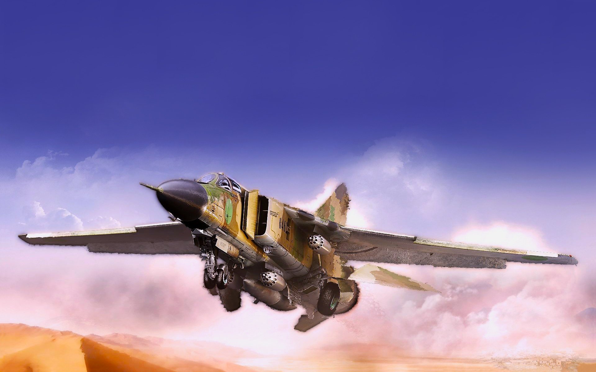 Военный самолёт в облаках пустыни
