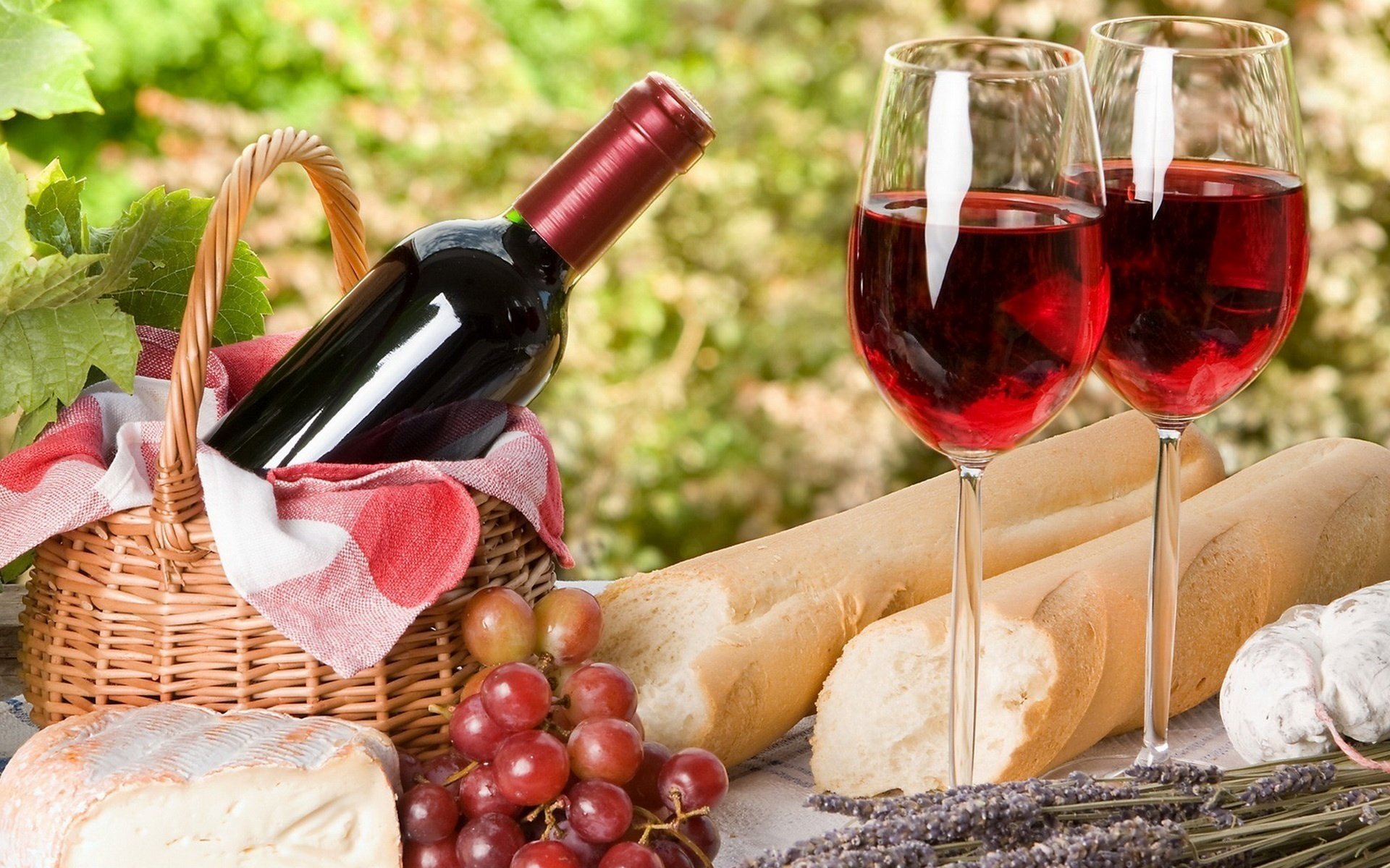 Пикник с вином, виноградом, сыром и багетом