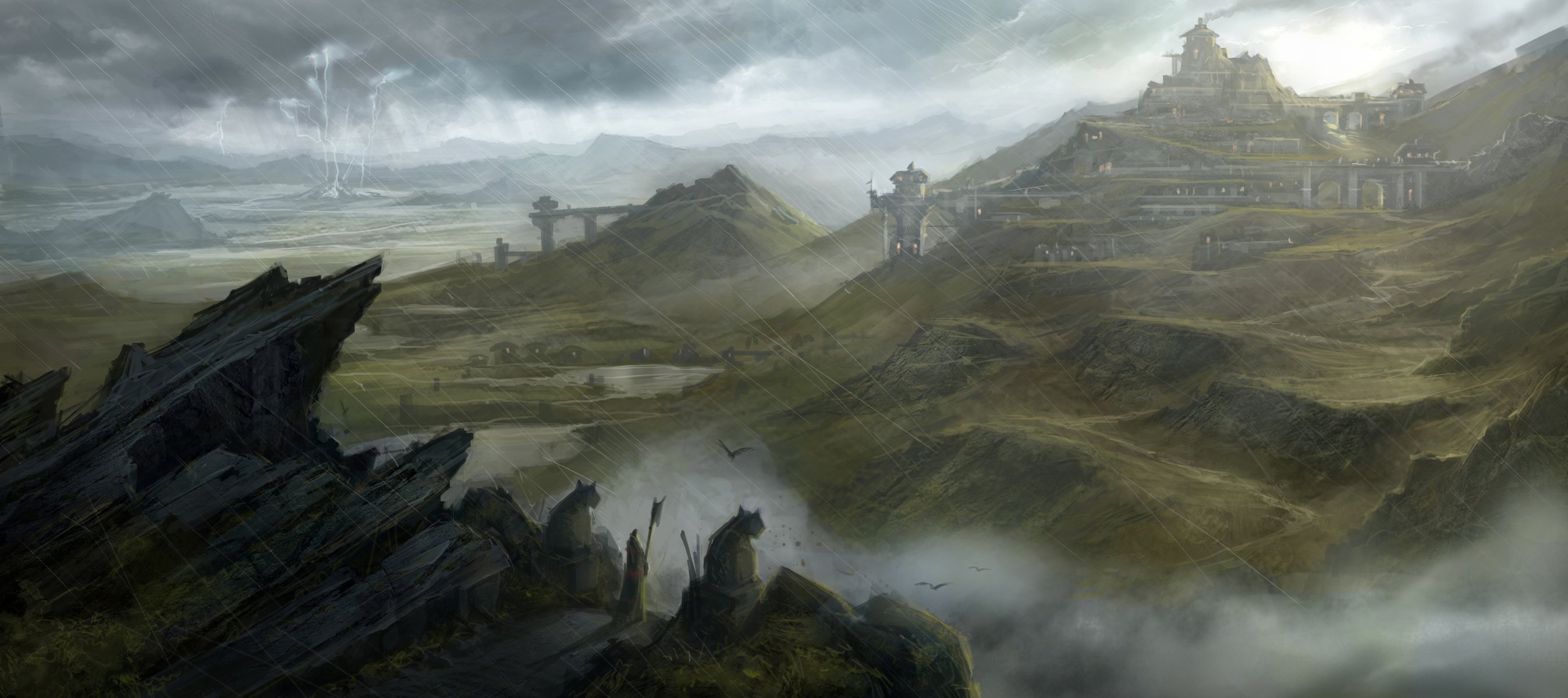 Зелёные скалы и замок в тумане
